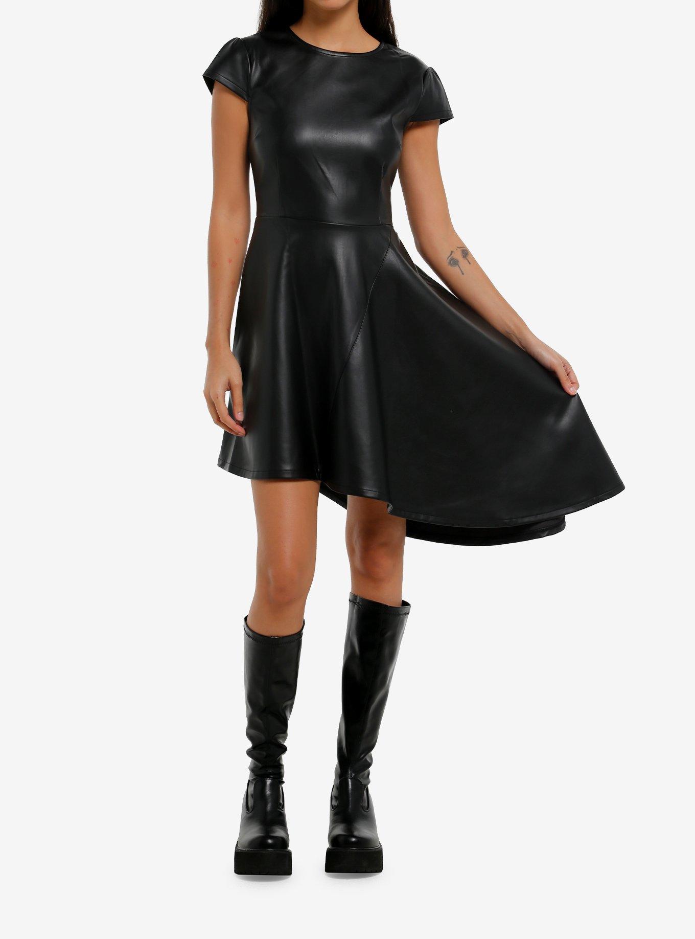 KIHILIST Black Asymmetrical Faux Leather Dress, , hi-res