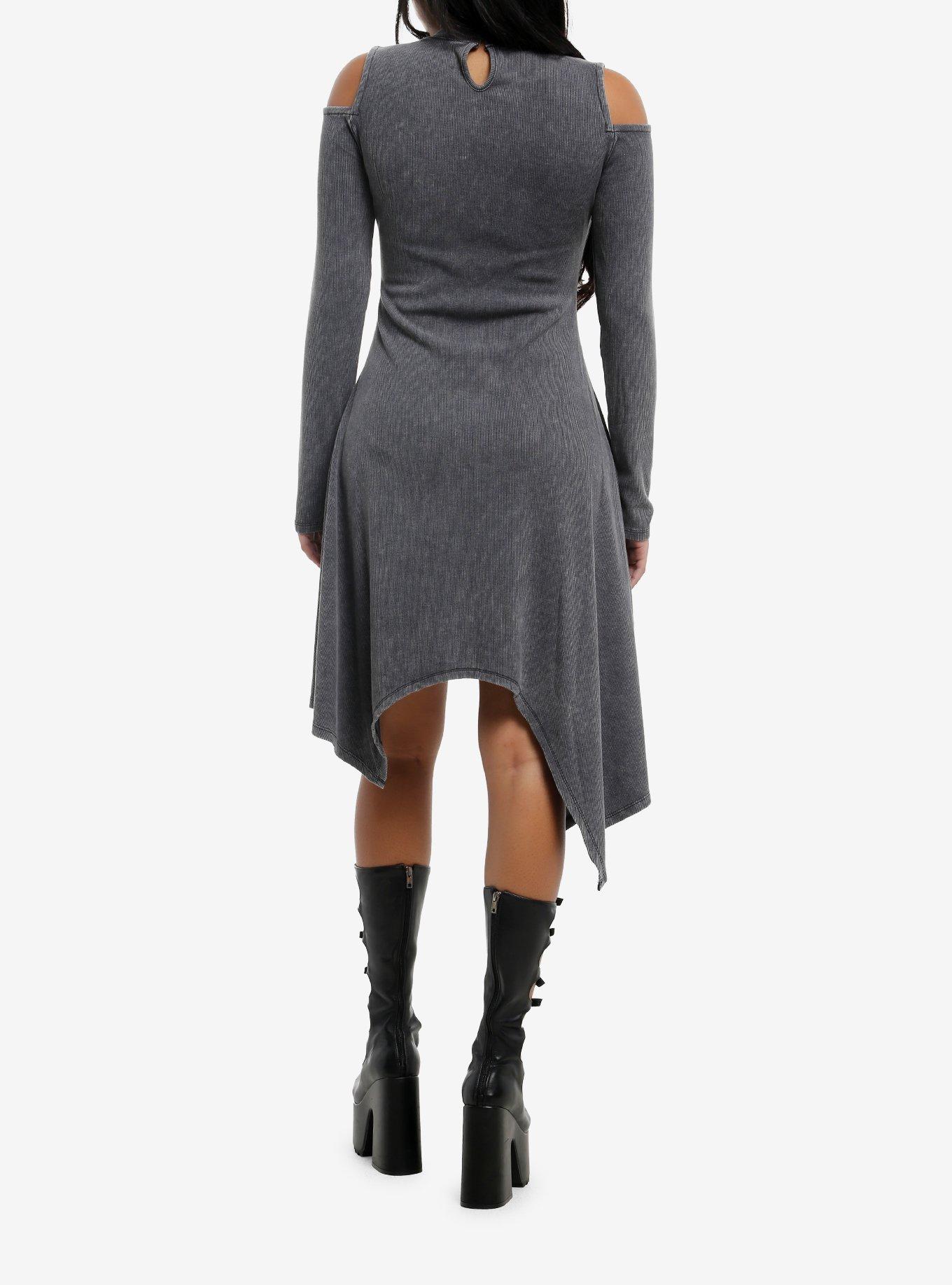 KIHILIST Grey Hanky Hem Cold-Shoulder Dress, , hi-res