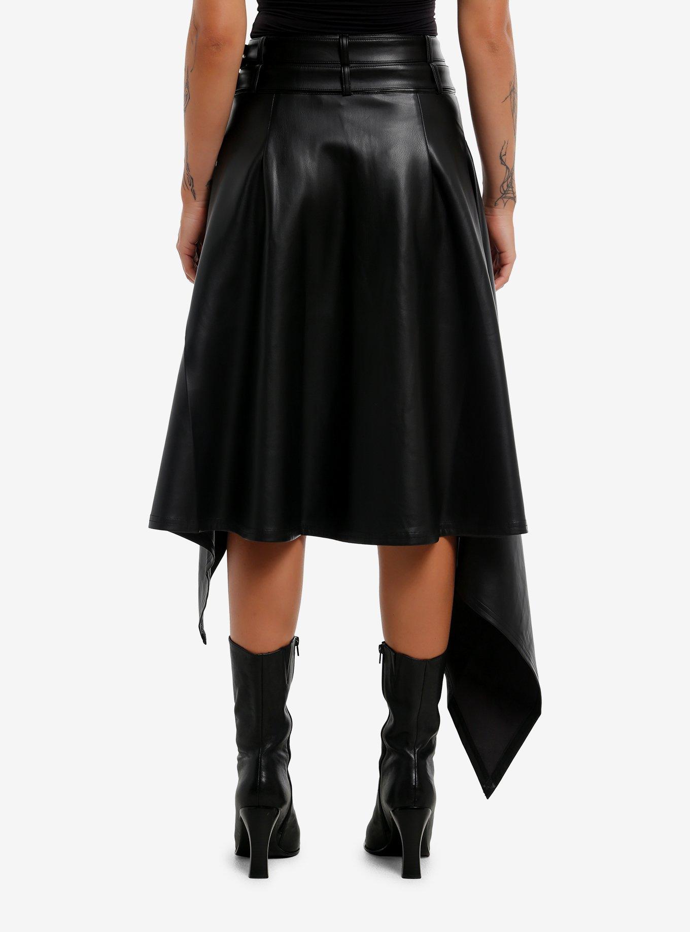 KIHILIST Black Faux Leather Asymmetrical Skirt, , hi-res