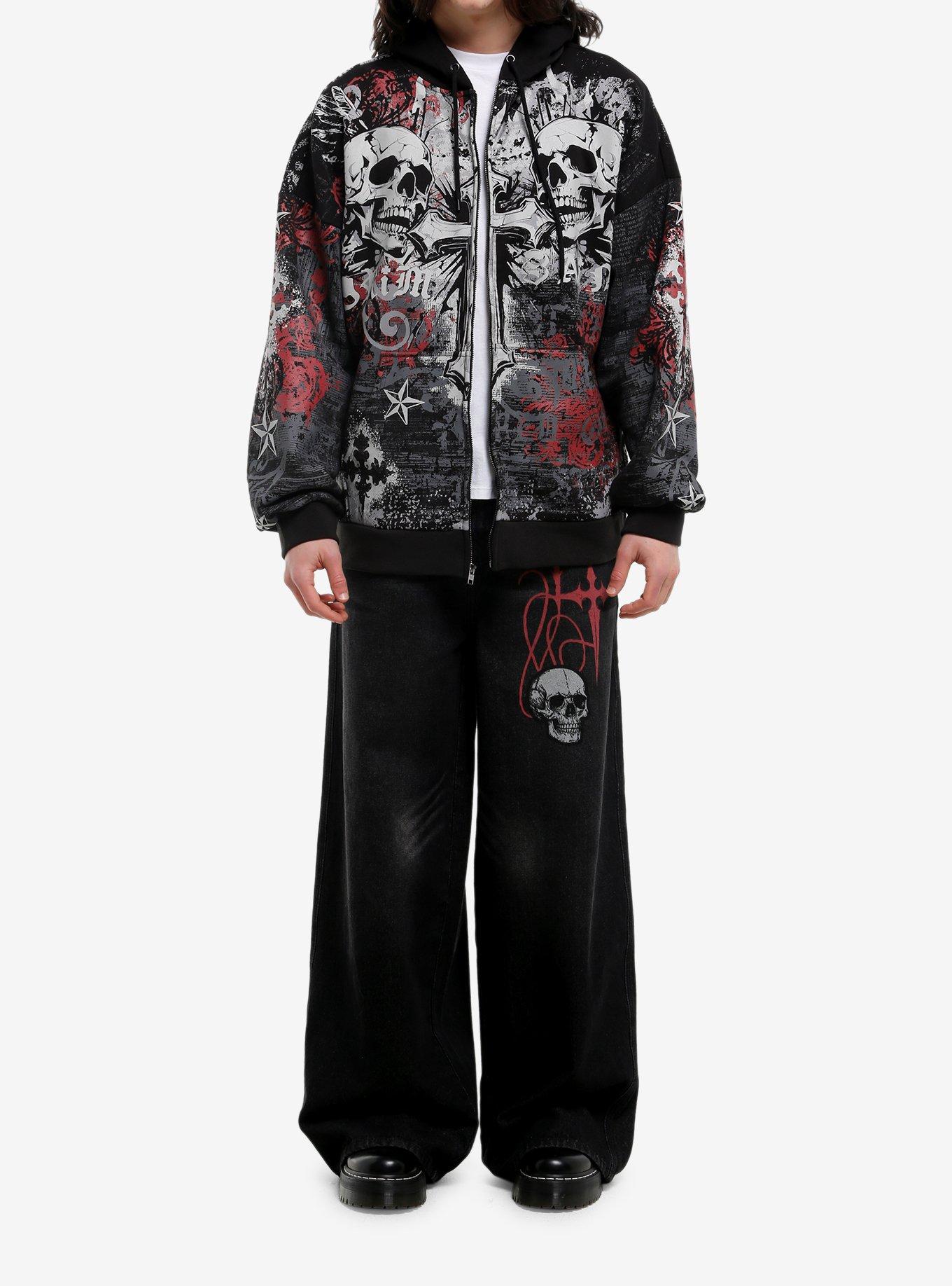 Skull Star Tattoo Art Hoodie, RED, alternate