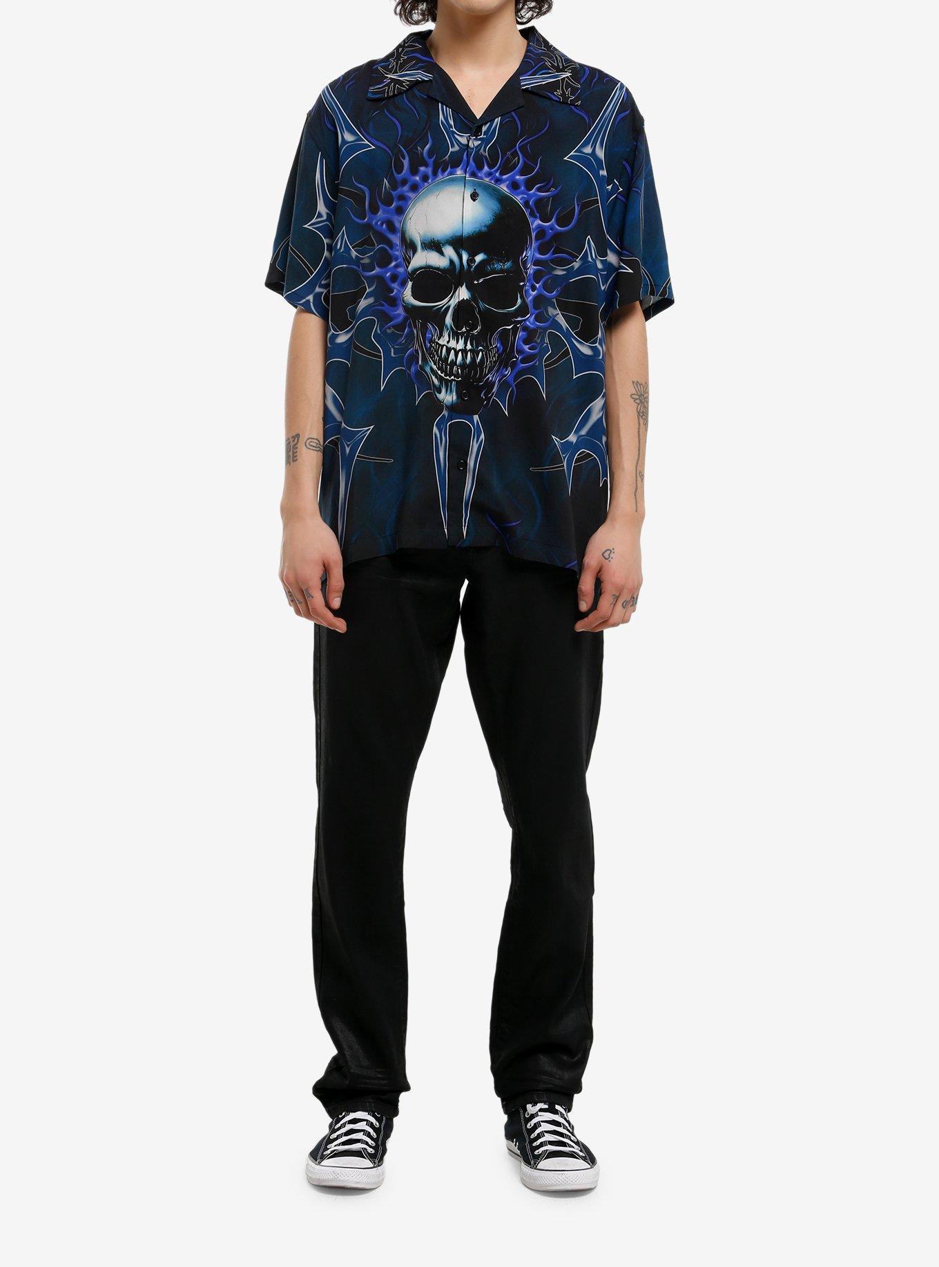 Blue Cyber Skull Woven Button-Up, , hi-res