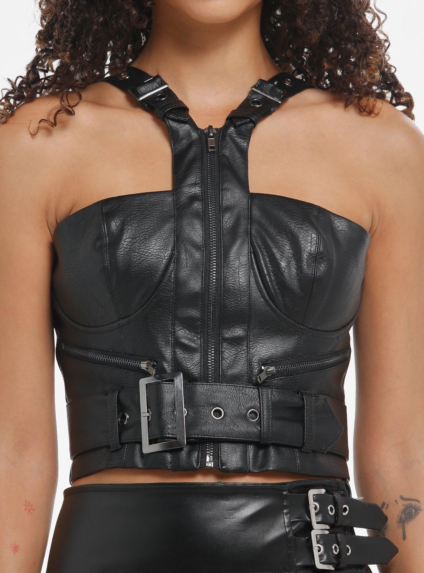 Social Collision Black Grommet Faux Leather Girls Halter Top, , hi-res