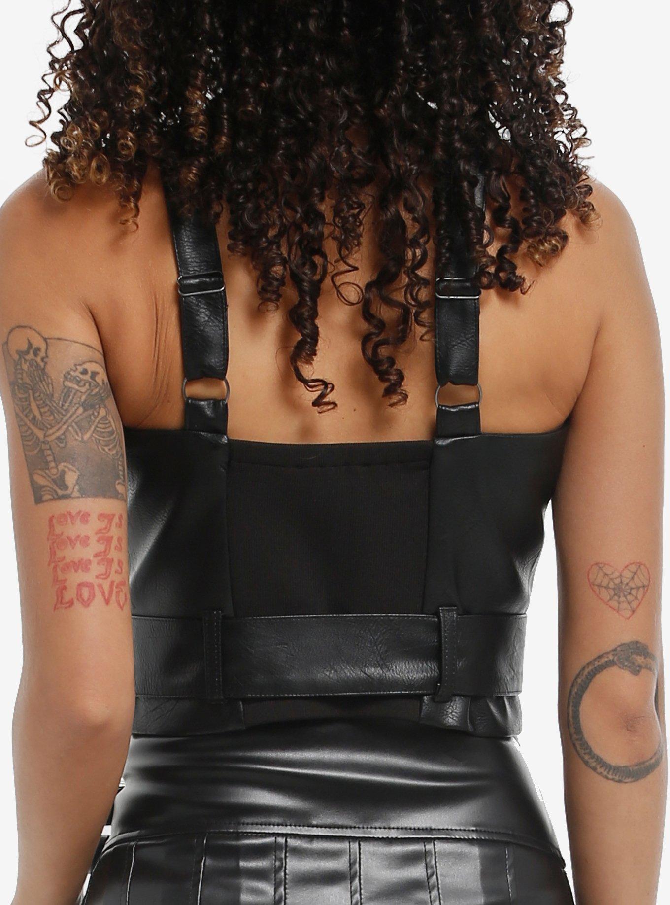 Social Collision Black Grommet Faux Leather Girls Halter Top, BLACK, alternate