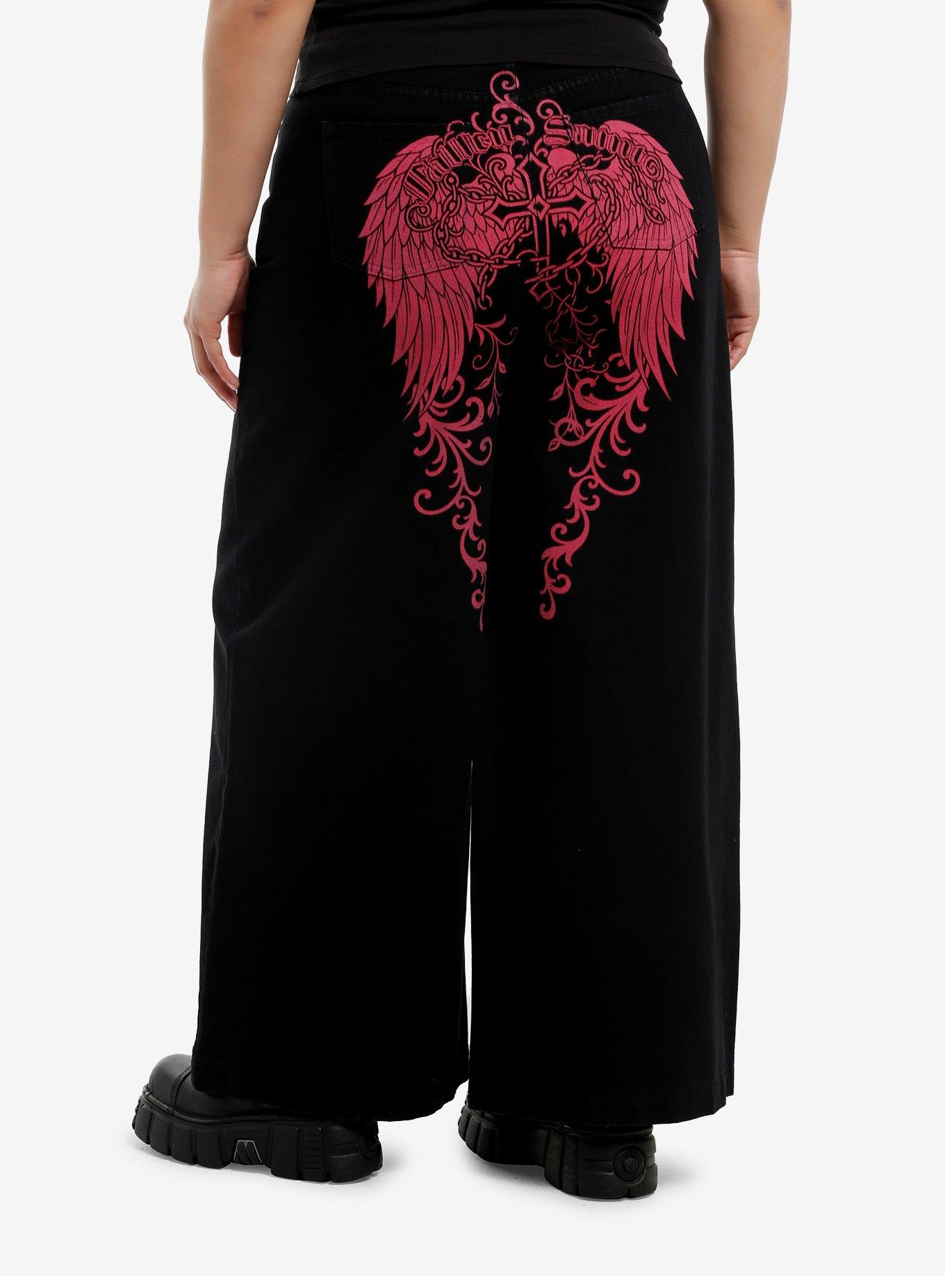 Winged Rose & Cross Black & Pink Girls Wide Leg Jeans Plus Size, , hi-res