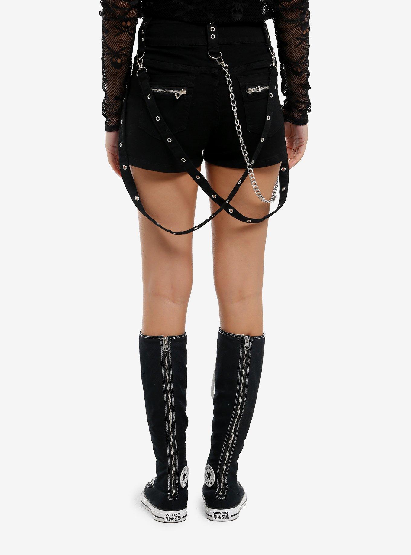 Black Grommet Suspender Denim Shorts, , hi-res