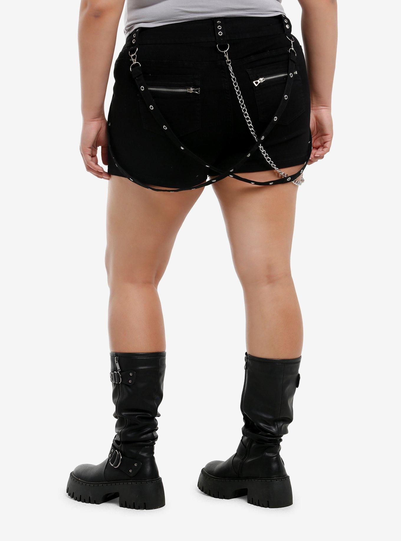 Black Grommet Suspender Denim Shorts Plus Size, , hi-res