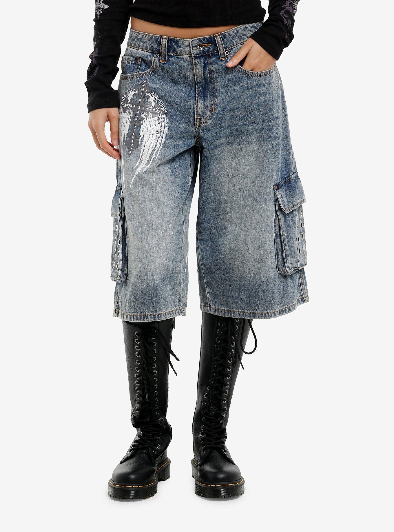 Light Indigo Winged Cross Girls Cargo Jorts, , hi-res