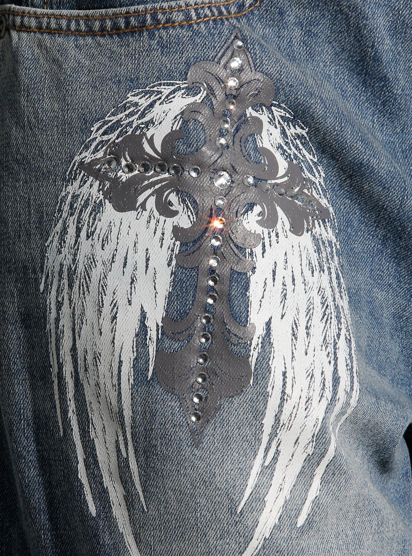 Light Indigo Winged Cross Girls Cargo Jorts, , alternate