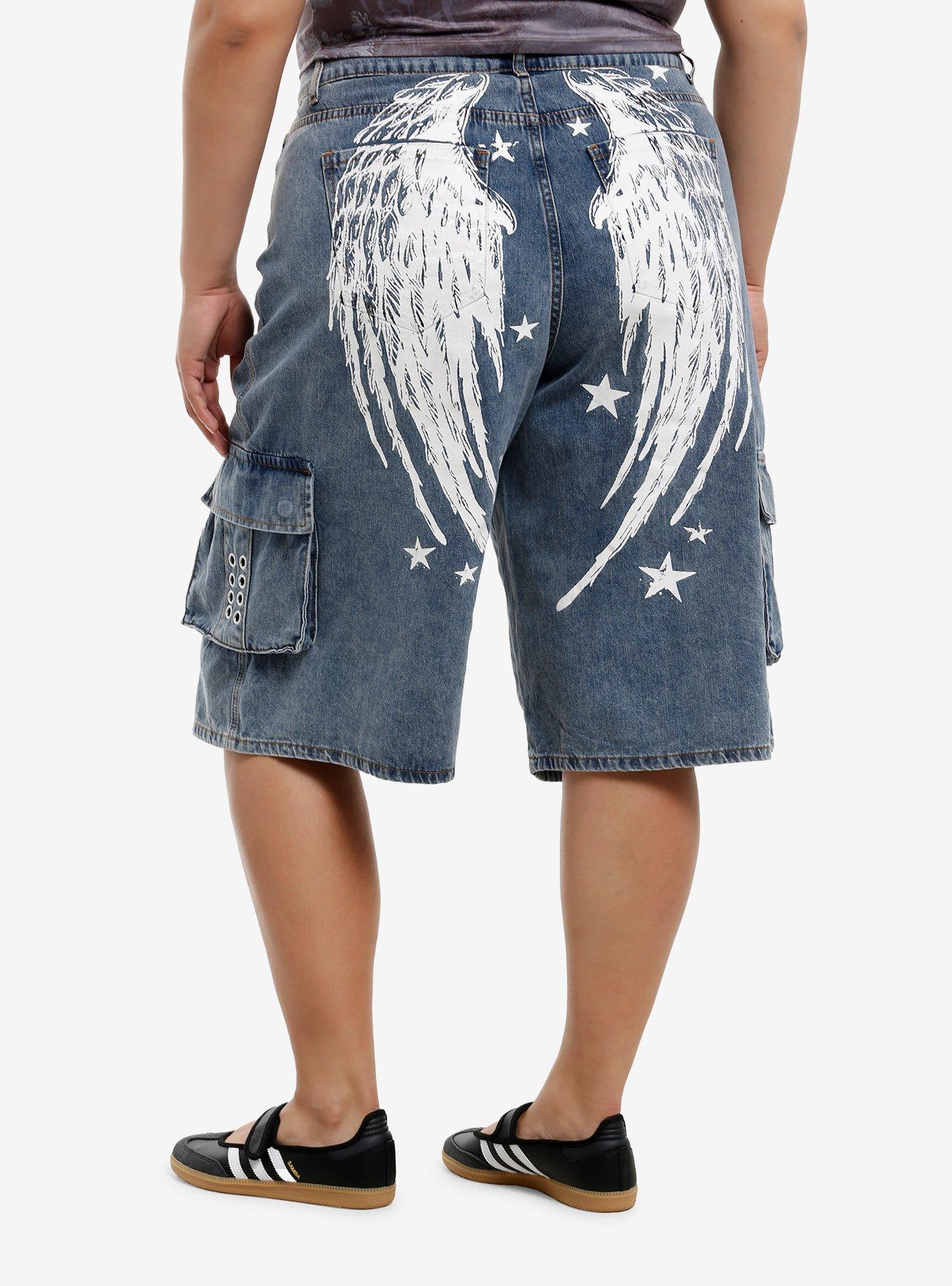 Light Indigo Winged Cross Girls Cargo Jorts Plus Size, , hi-res