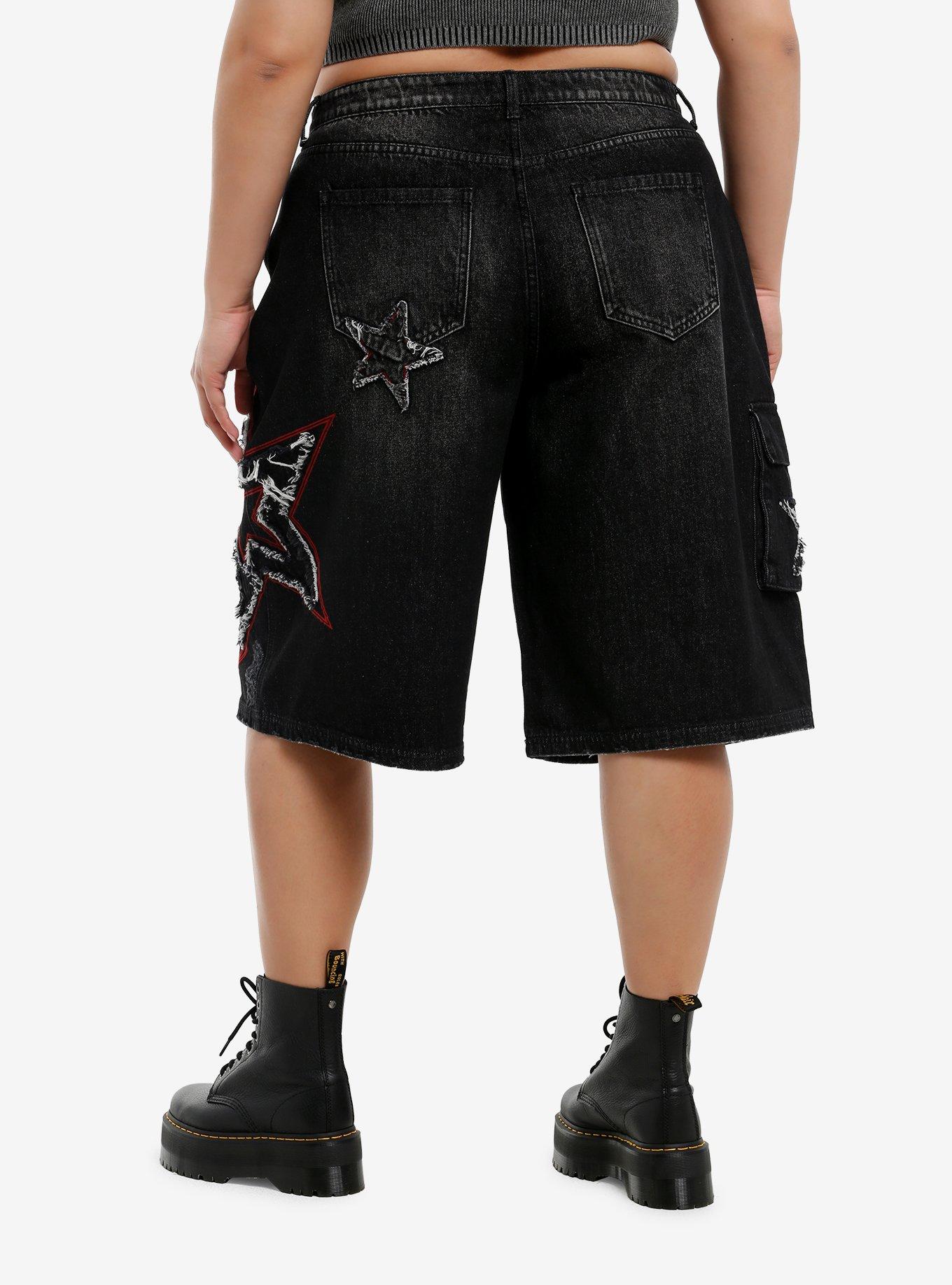 Grey & Red Frayed Star Denim Cargo Shorts Plus Size, , hi-res