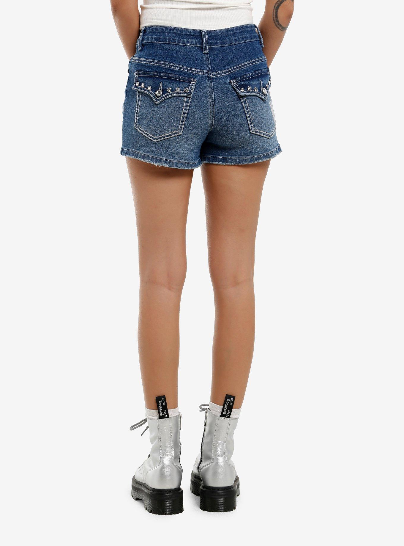 Winged Skull & Rhinestone Denim Shorts, , hi-res