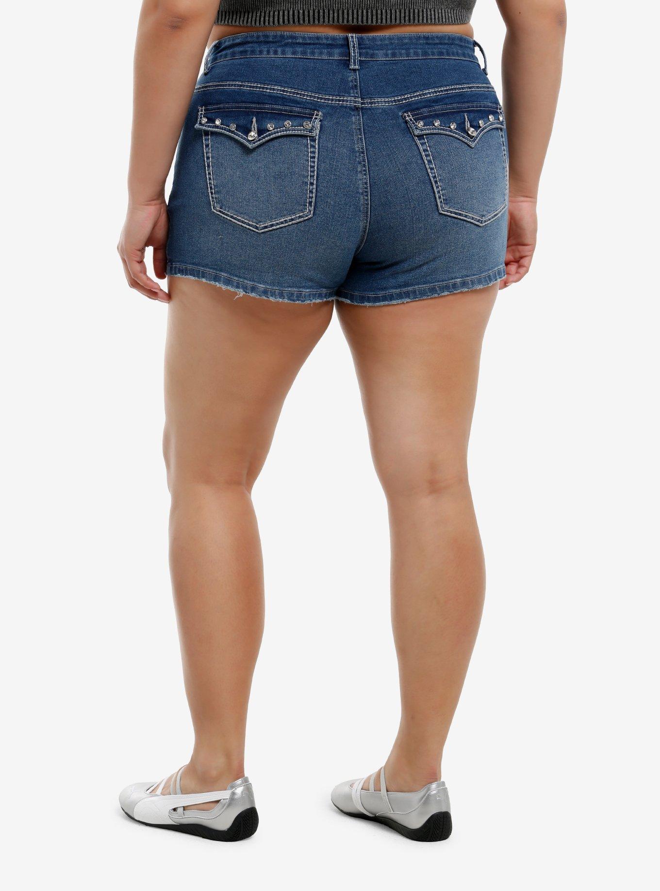 Winged Skull & Rhinestone Denim Shorts Plus Size, , hi-res