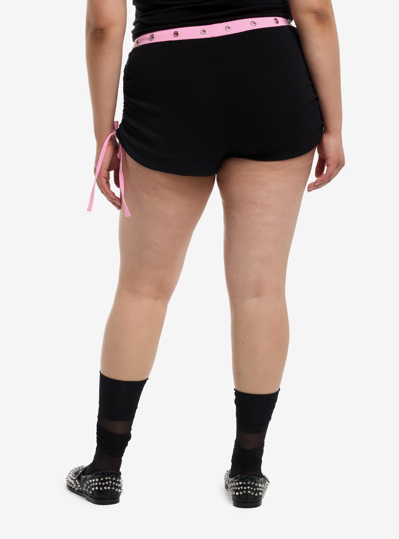 Black & Pink Skull Grommet Micro Shorts Plus Size, , hi-res