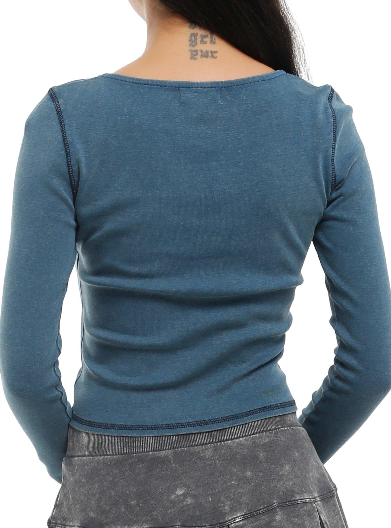 Social Collision Teal Wings & Filigree Cinched Girls Long-Sleeve Top, BLUE, alternate