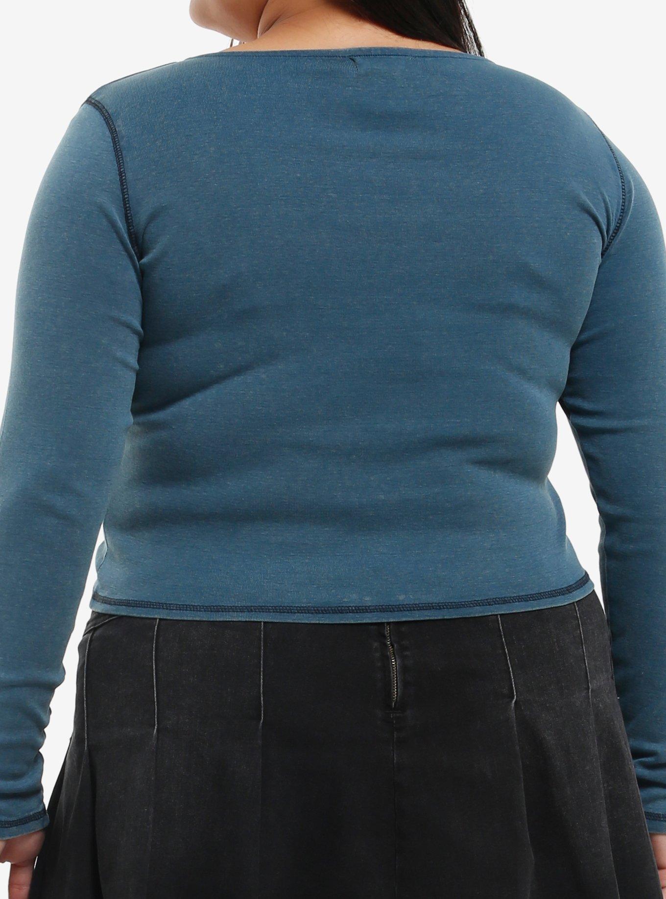 Social Collision Teal Wings & Filigree Cinched Girls Long-Sleeve Top Plus Size, , hi-res