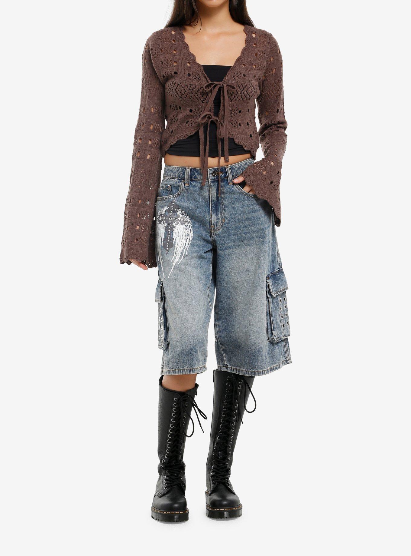 Thorn & Fable Brown Tie-Front Girls Crop Sweater, , hi-res