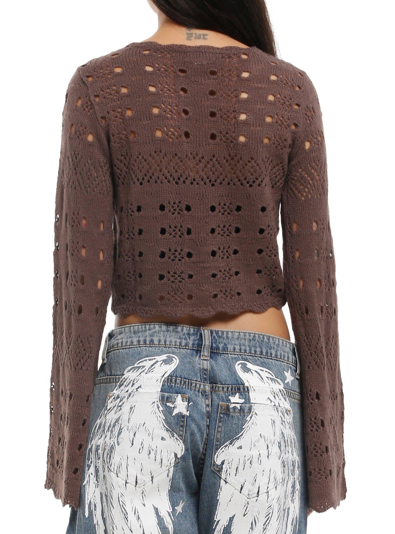 Thorn & Fable Brown Tie-Front Girls Crop Sweater, BROWN, alternate