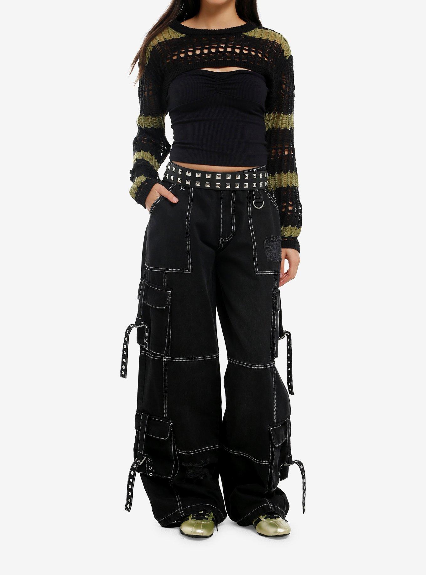 Black & Green Stripe Distressed Girls Crop Shrug, , hi-res