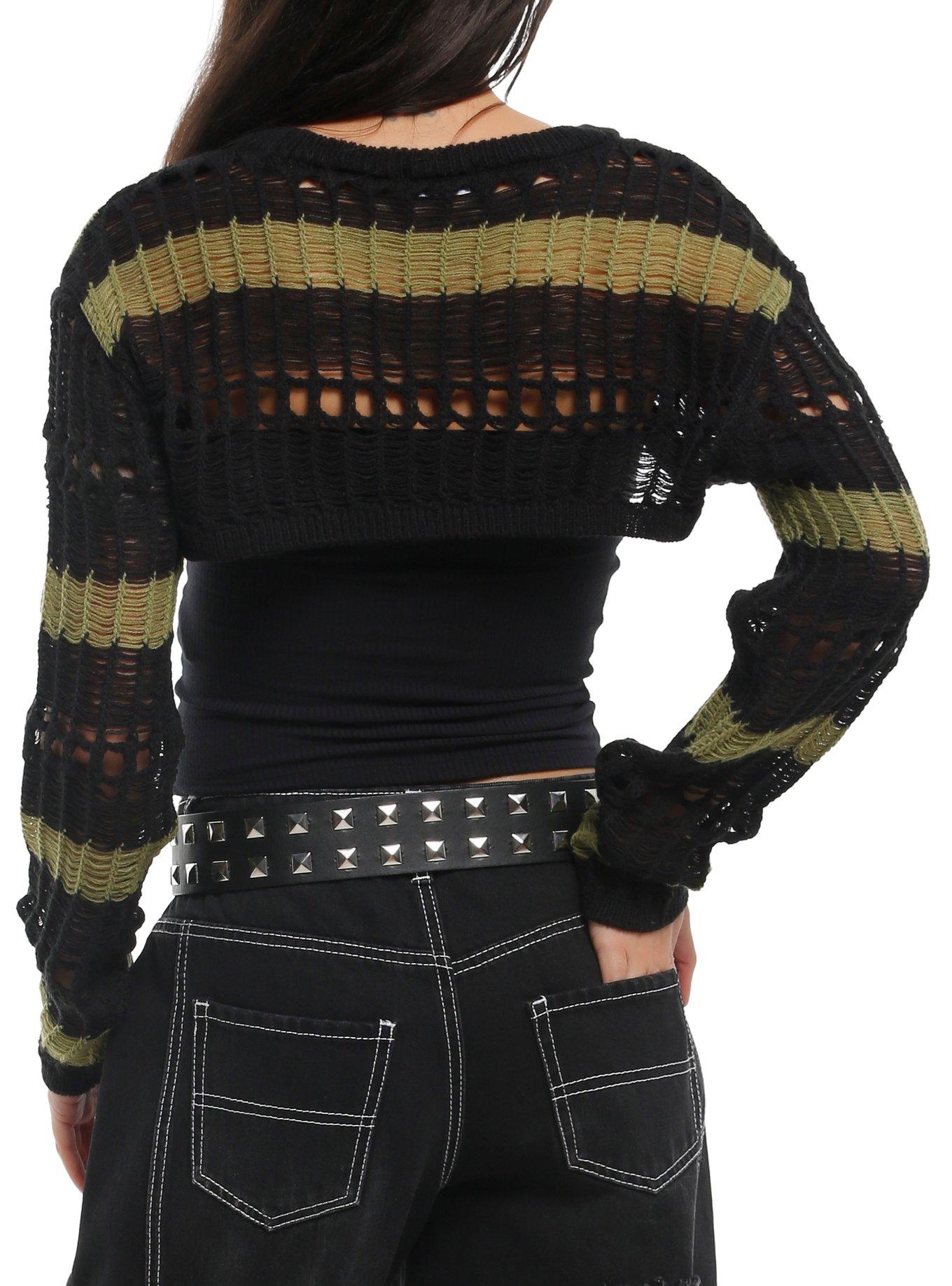 Black & Green Stripe Distressed Girls Crop Shrug, GREEN, alternate