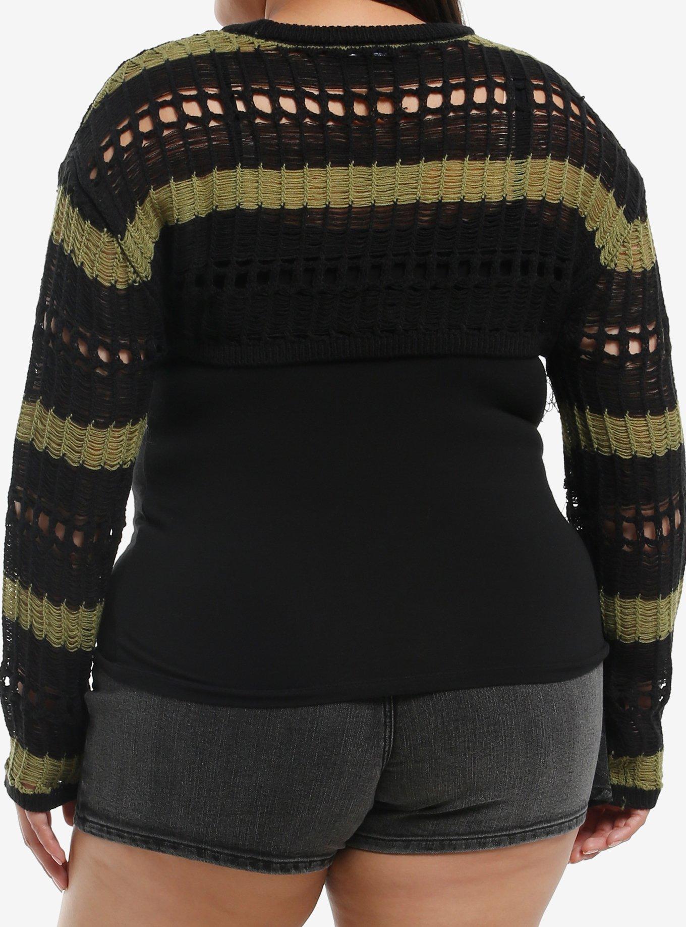 Black & Green Stripe Distressed Girls Crop Shrug Plus Size, , hi-res