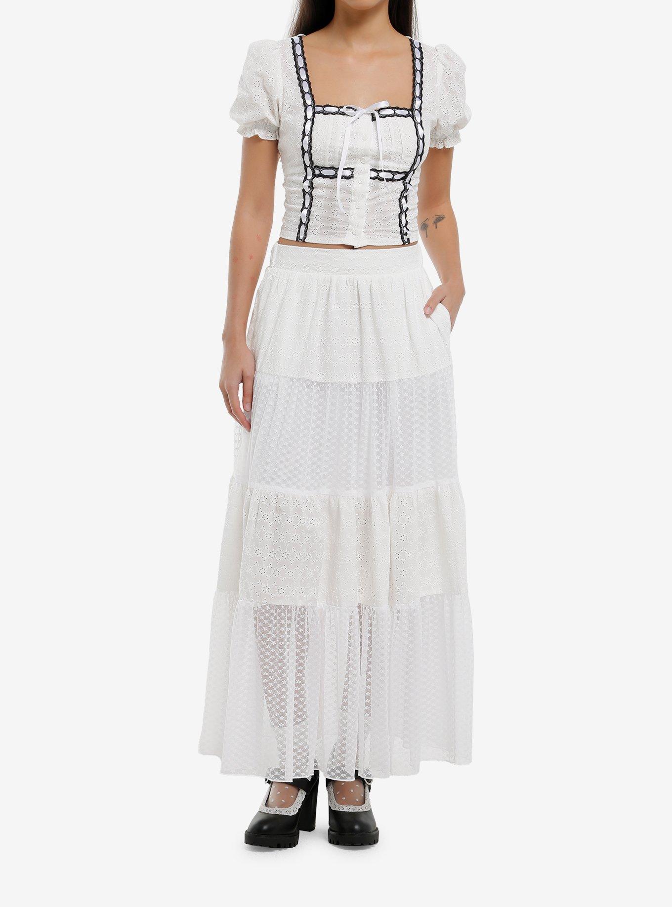 Thorn & Fable Black & White Lace Eyelet Girls Crop Top, , hi-res