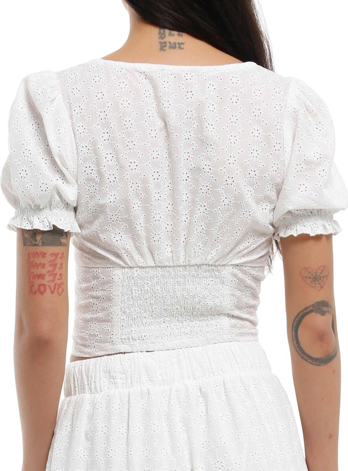 Thorn & Fable Black & White Lace Eyelet Girls Crop Top, , alternate