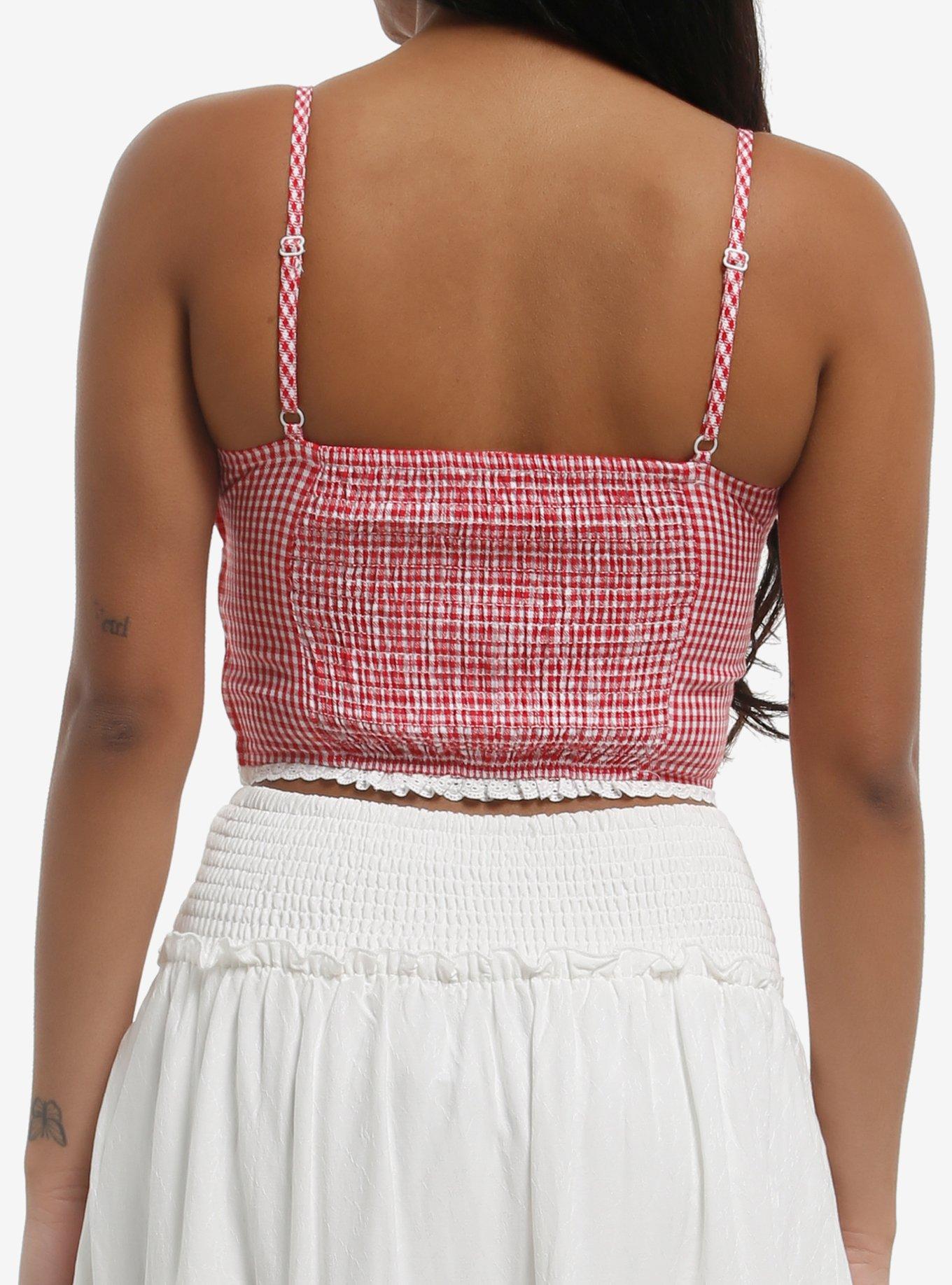 Thorn & Fable Gingham Strawberry Collar Girls Crop Cami, , alternate