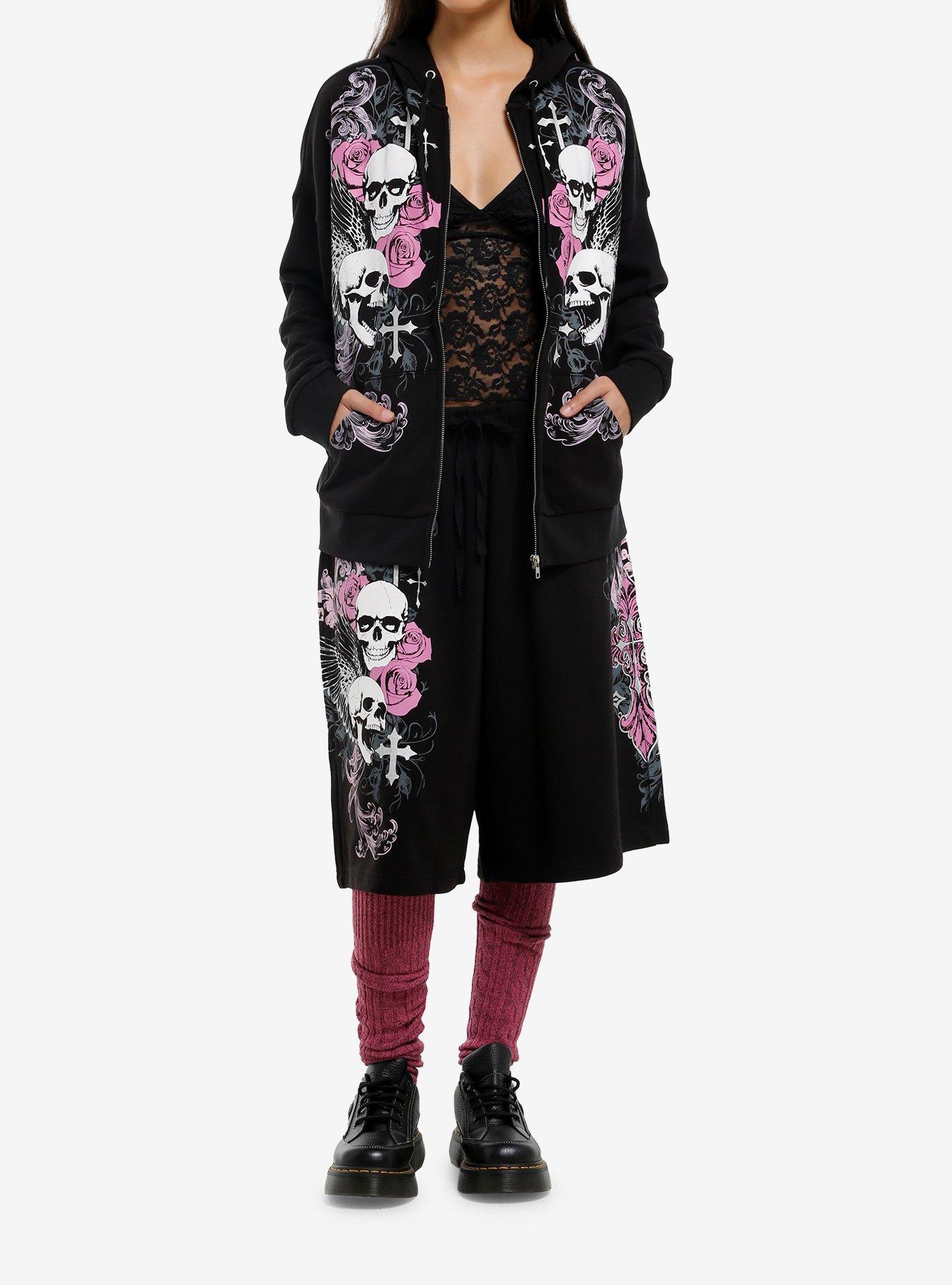 Black & Pink Winged Skull Girls Hoodie, , hi-res