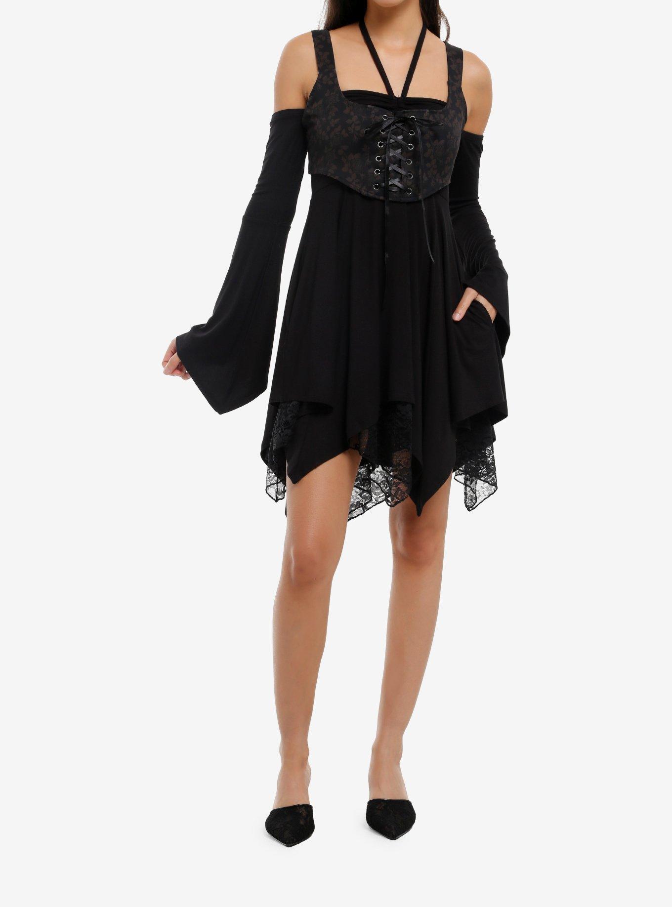 Cosmic Aura Brown Rose Corset Cold-Shoulder Dress, , hi-res