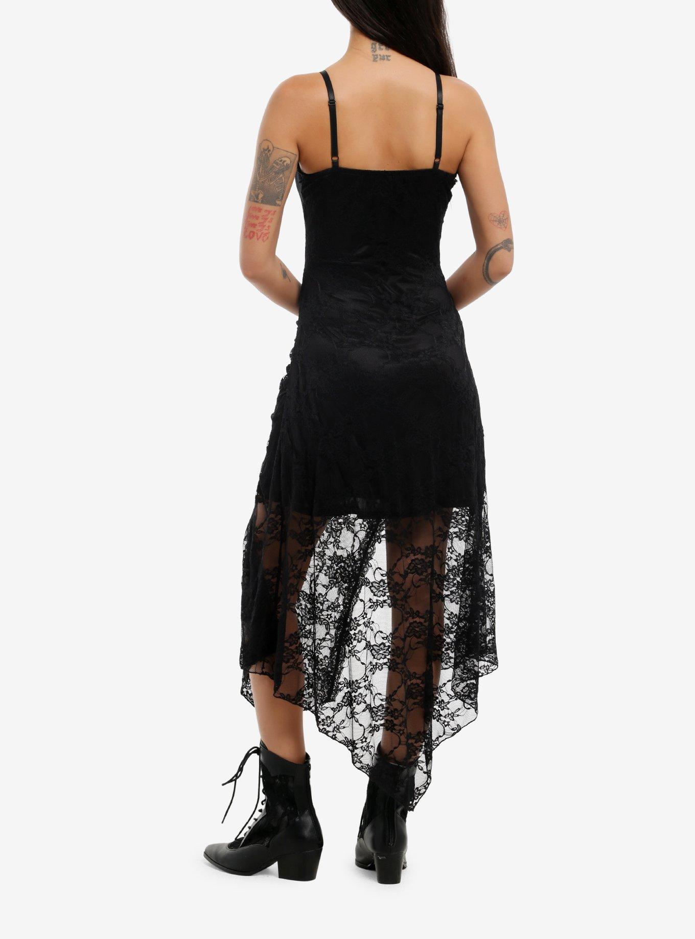 Cosmic Aura Black Asymmetrical Lace Cami Dress, , hi-res
