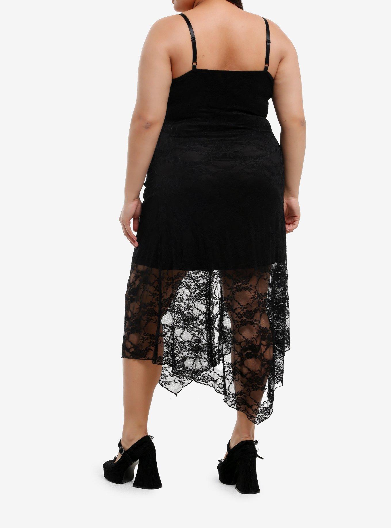 Cosmic Aura Black Asymmetrical Lace Cami Dress Plus Size, , hi-res