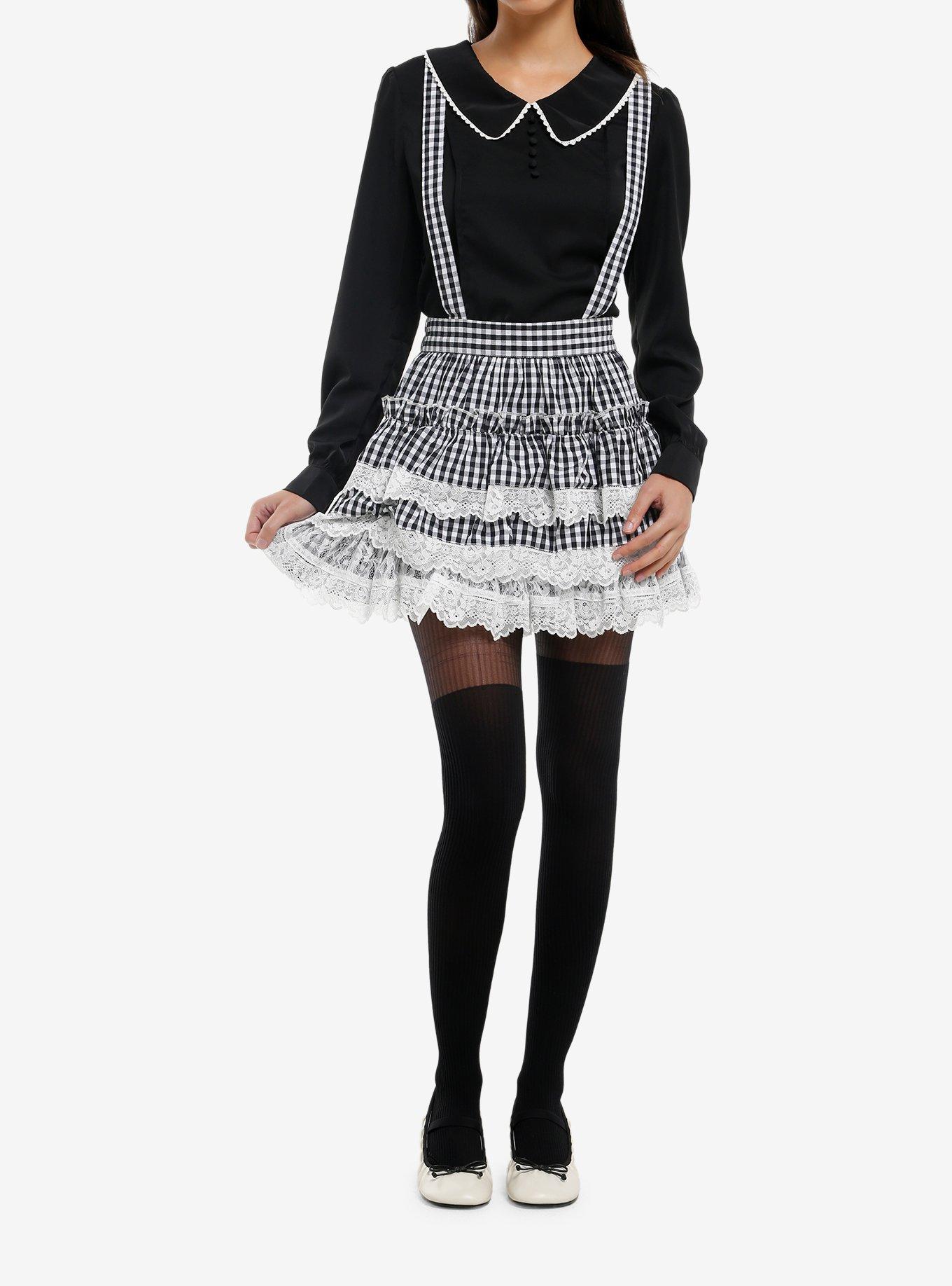 Thorn & Fable Black & White Gingham Lace Tiered Skirtall, , hi-res