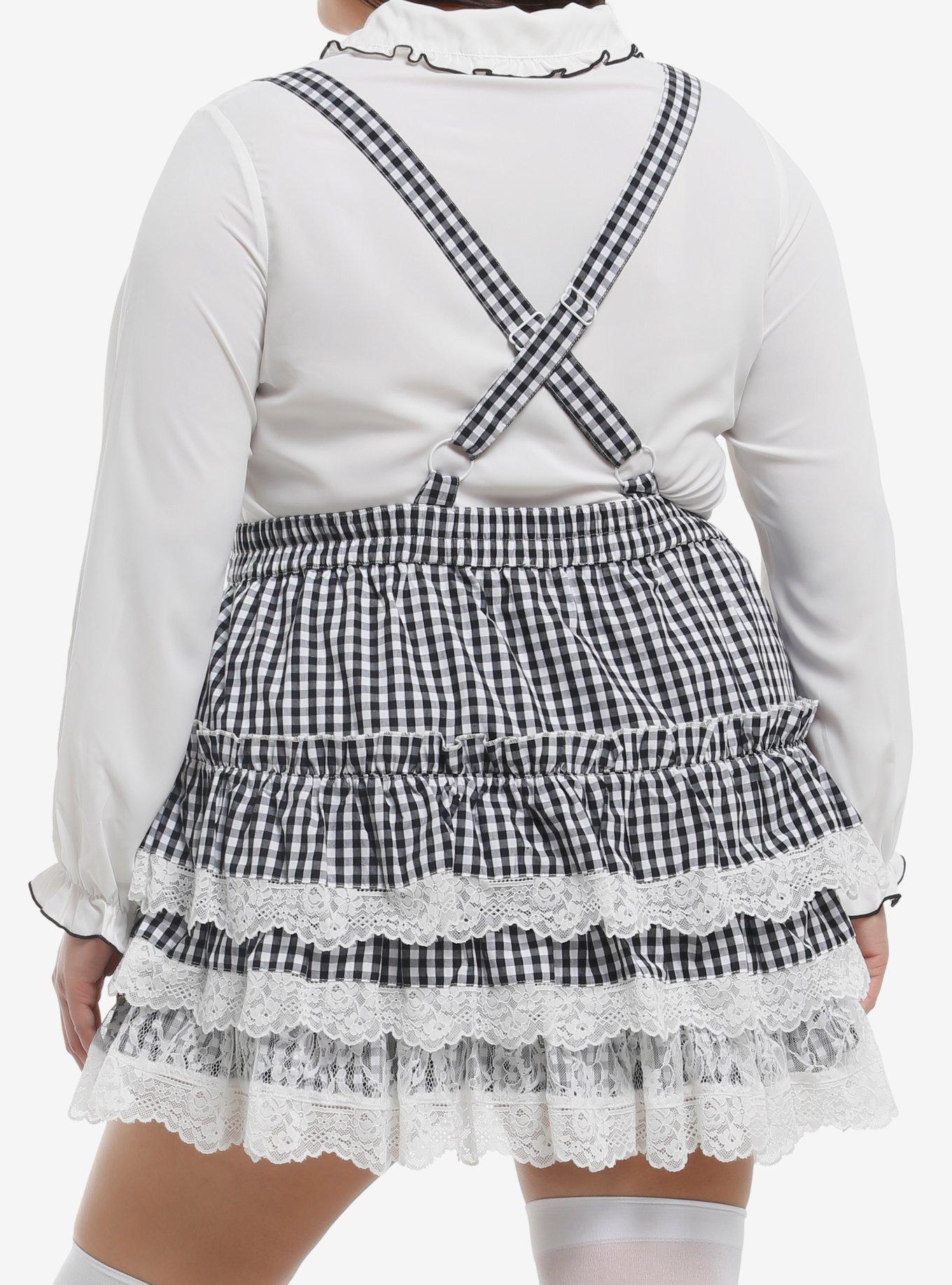 Thorn & Fable Black & White Gingham Lace Tiered Skirtall Plus Size, , hi-res