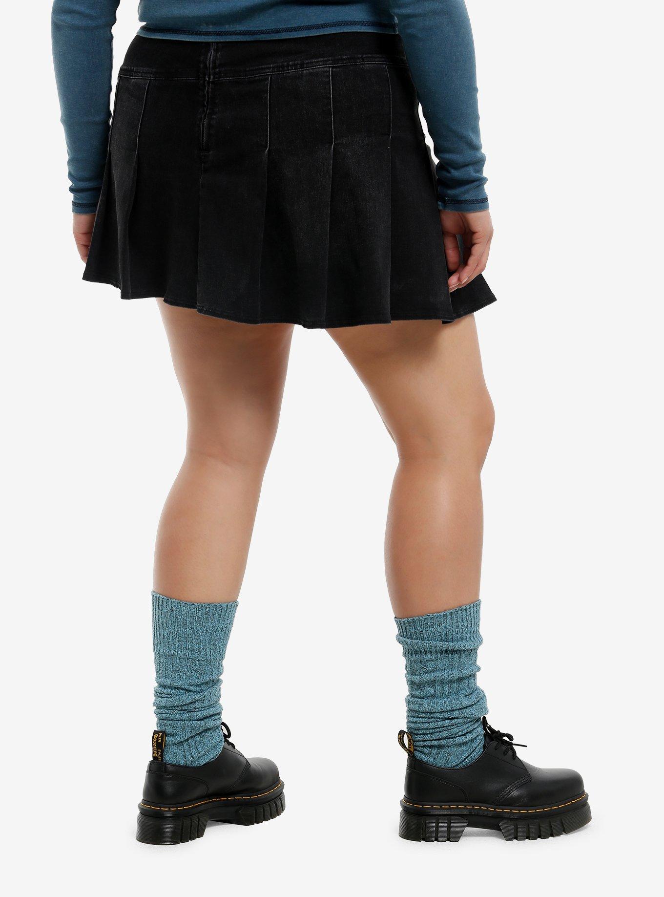Black Wash Pleated Mini Skirt Plus Size, , hi-res