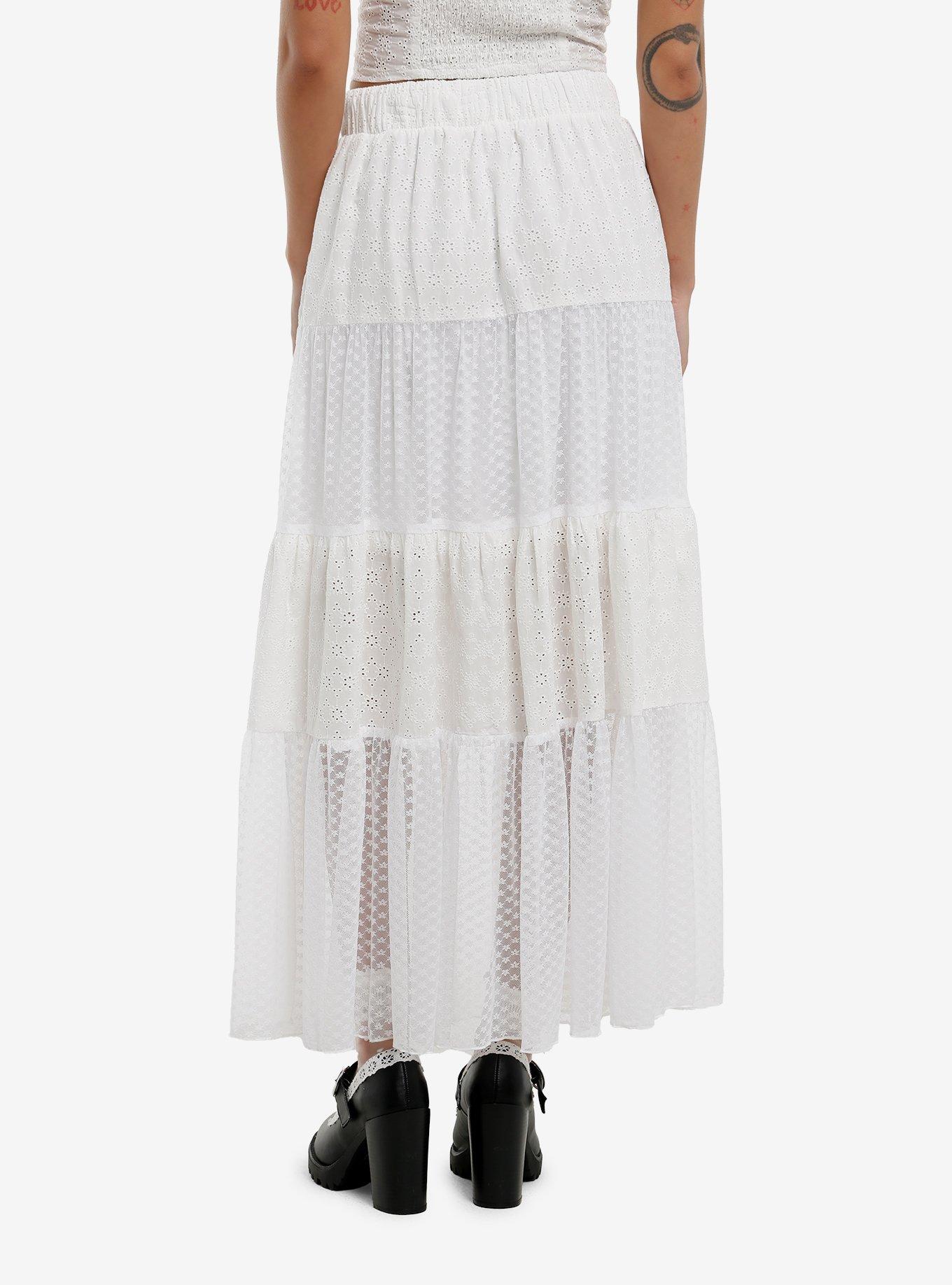 Thorn & Fable White Eyelet & Lace Tiered Midi Skirt, , hi-res