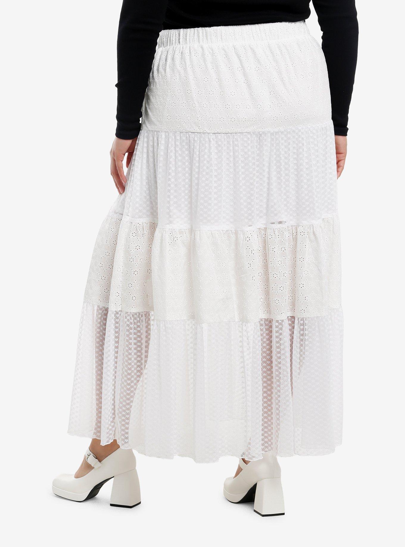 Thorn & Fable White Eyelet & Lace Tiered Midi Skirt Plus Size, , hi-res