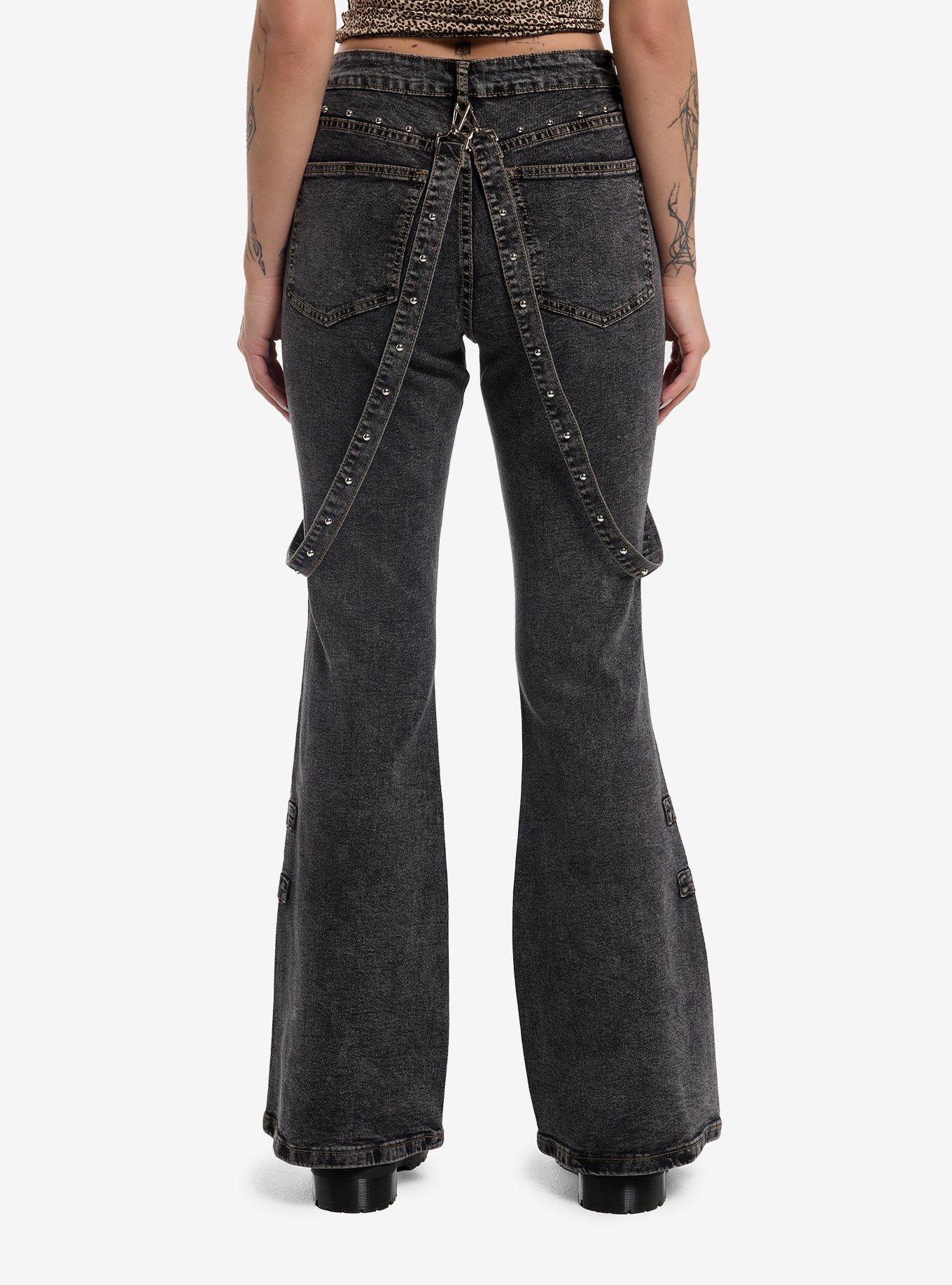 Grey Wash Rounded Stud Suspender Flare Jeans, , hi-res