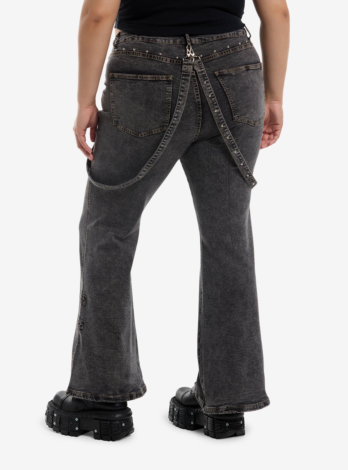 Grey Wash Rounded Stud Suspender Flare Jeans Plus Size, , hi-res