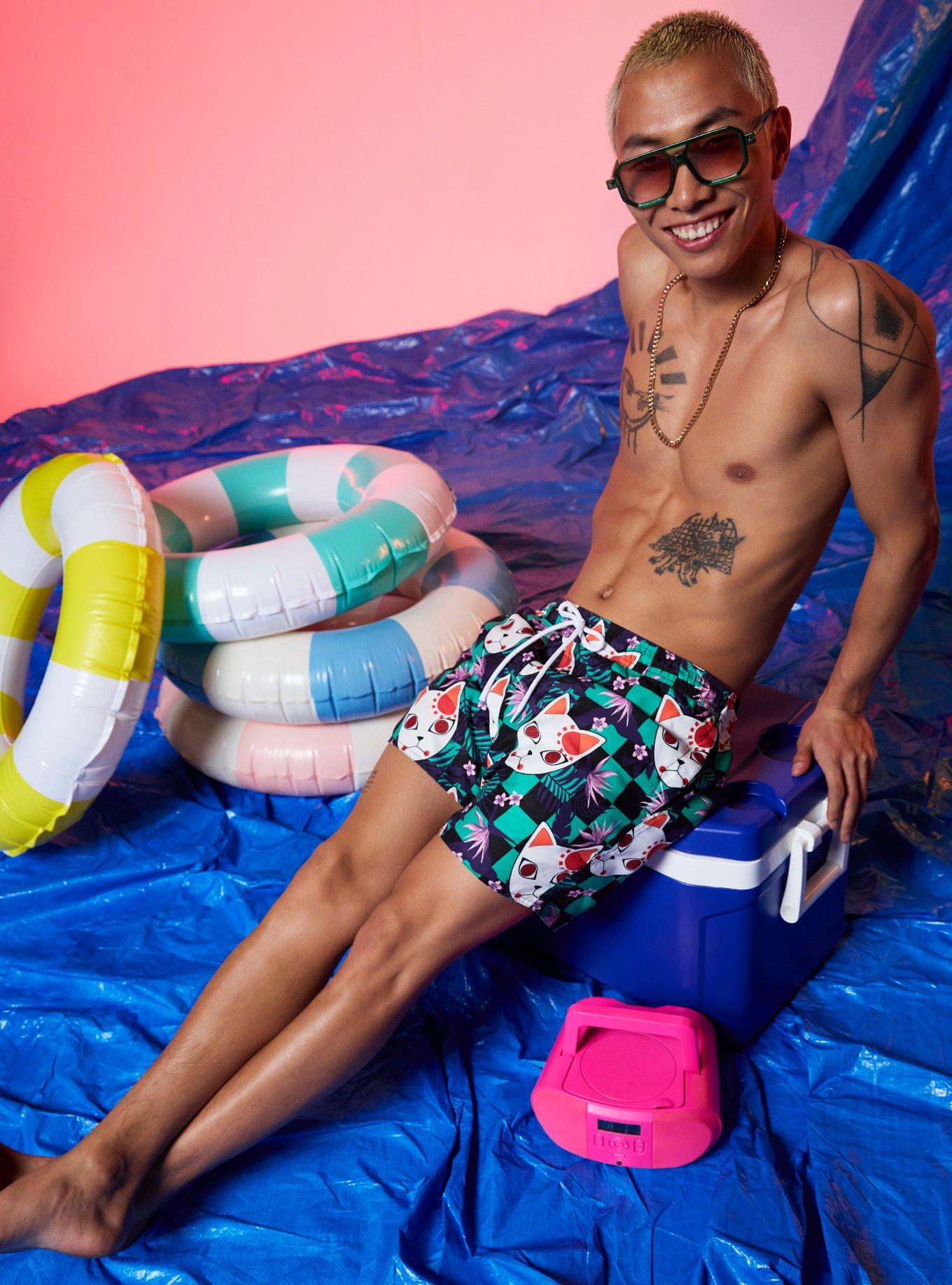 Demon Slayer: Kimetsu No Yaiba Tanjiro Mask Tropical Swim Trunks, MULTI, alternate