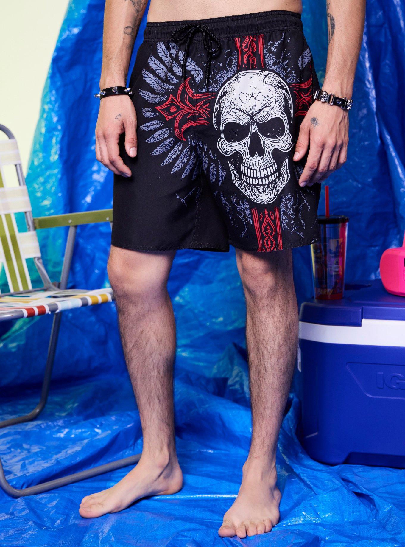 Winged Skull Cross Swim Trunks, , hi-res
