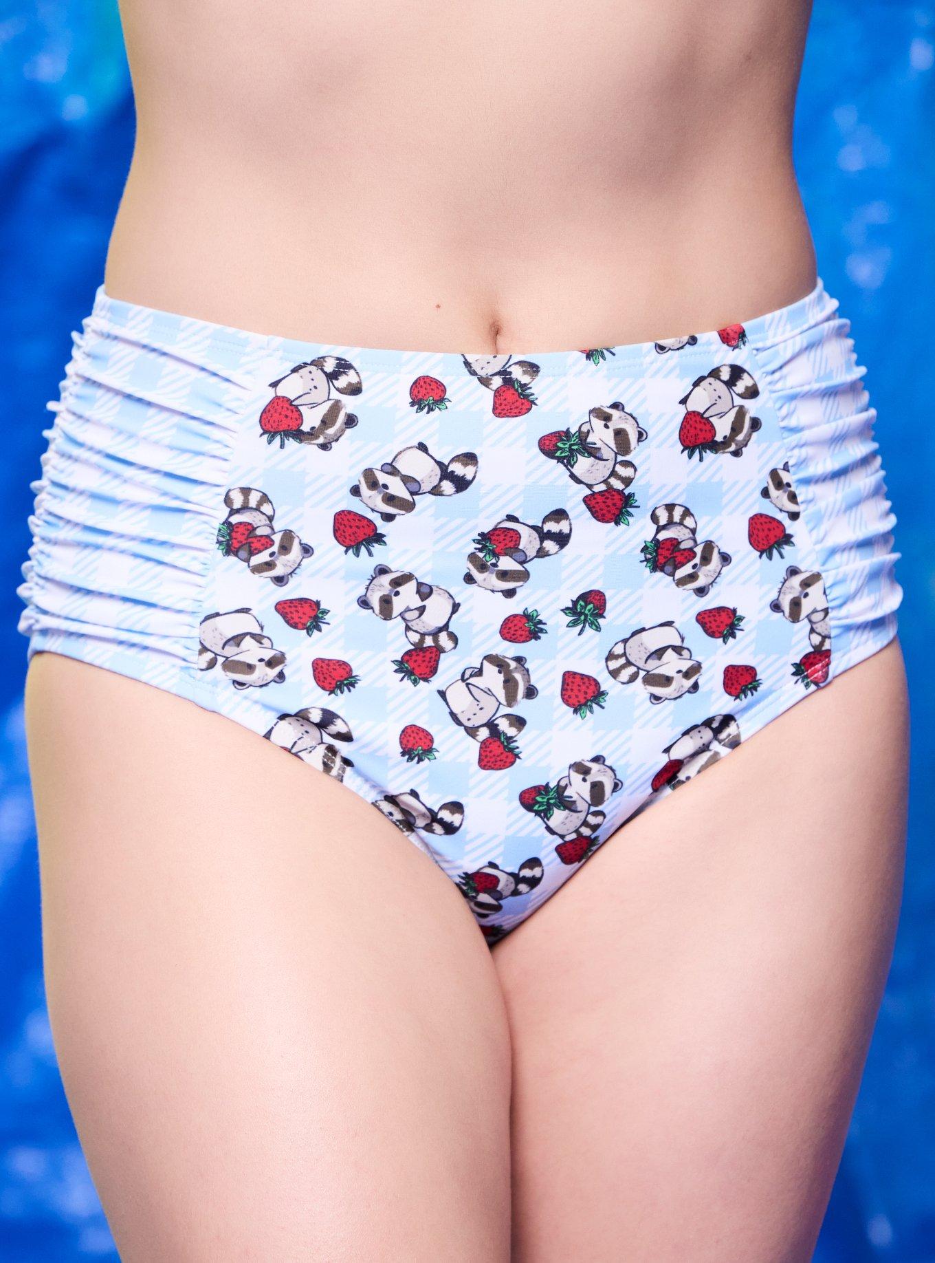 Gingham Raccoon Strawberry High-Waisted Swim Bottoms, , hi-res
