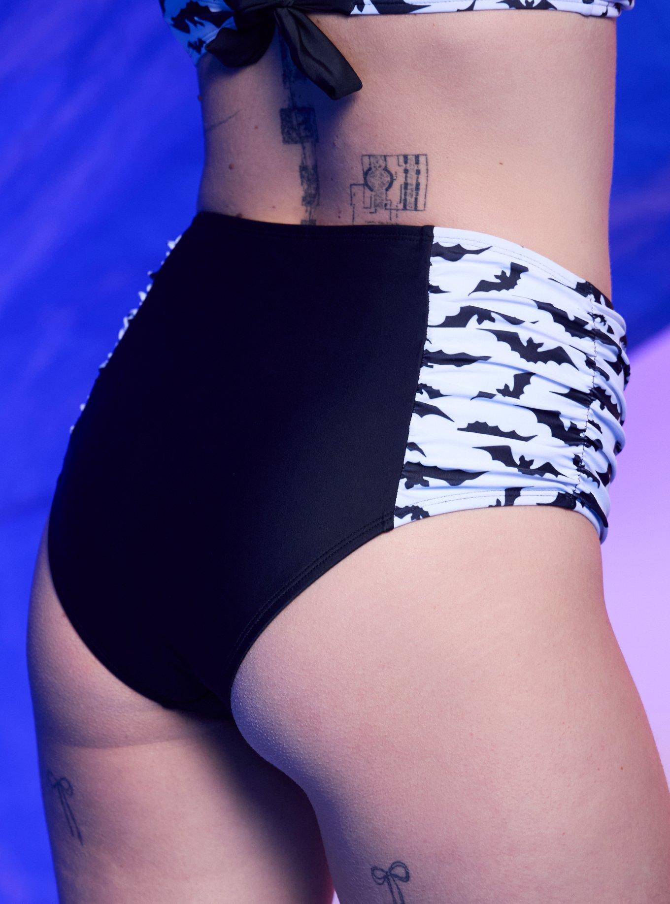 Black & White Bat High-Waisted Swim Bottoms, MULTI, alternate