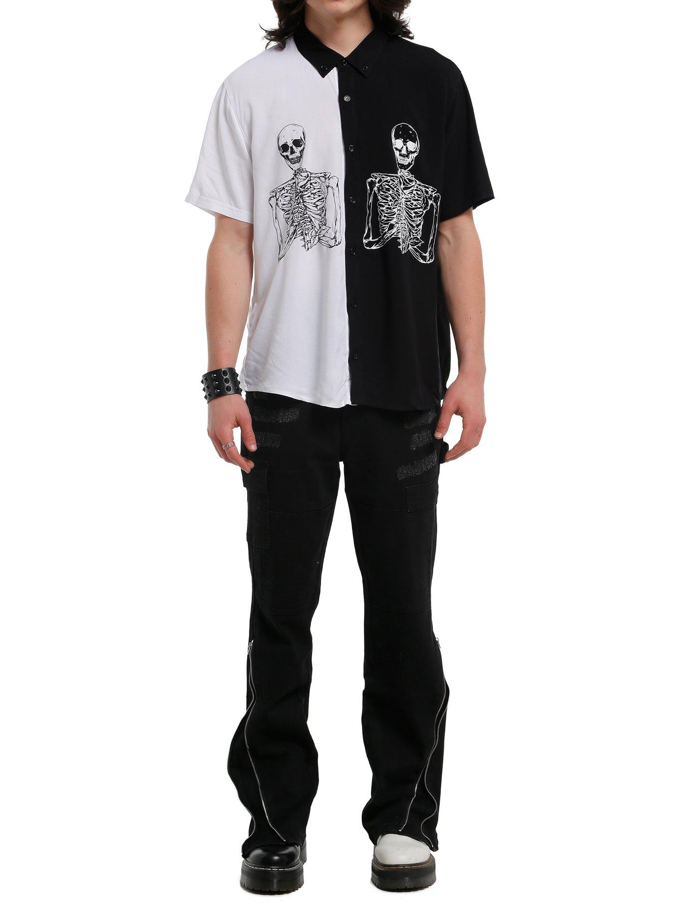 Black & White Skeletons Split Woven Button-Up, , hi-res