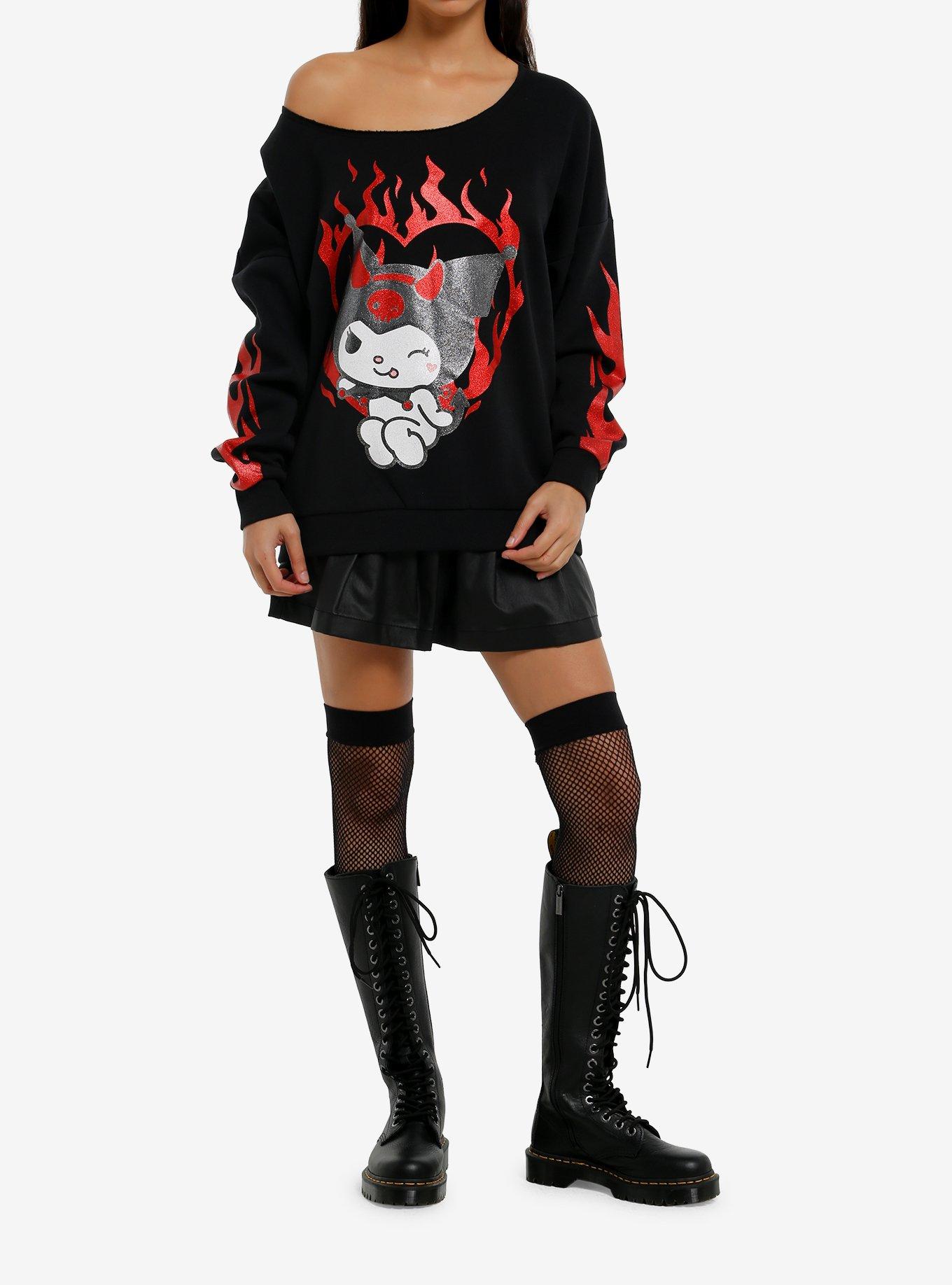 Kuromi Heart Glitter Flame Girls Off-Shoulder Sweatshirt, , hi-res