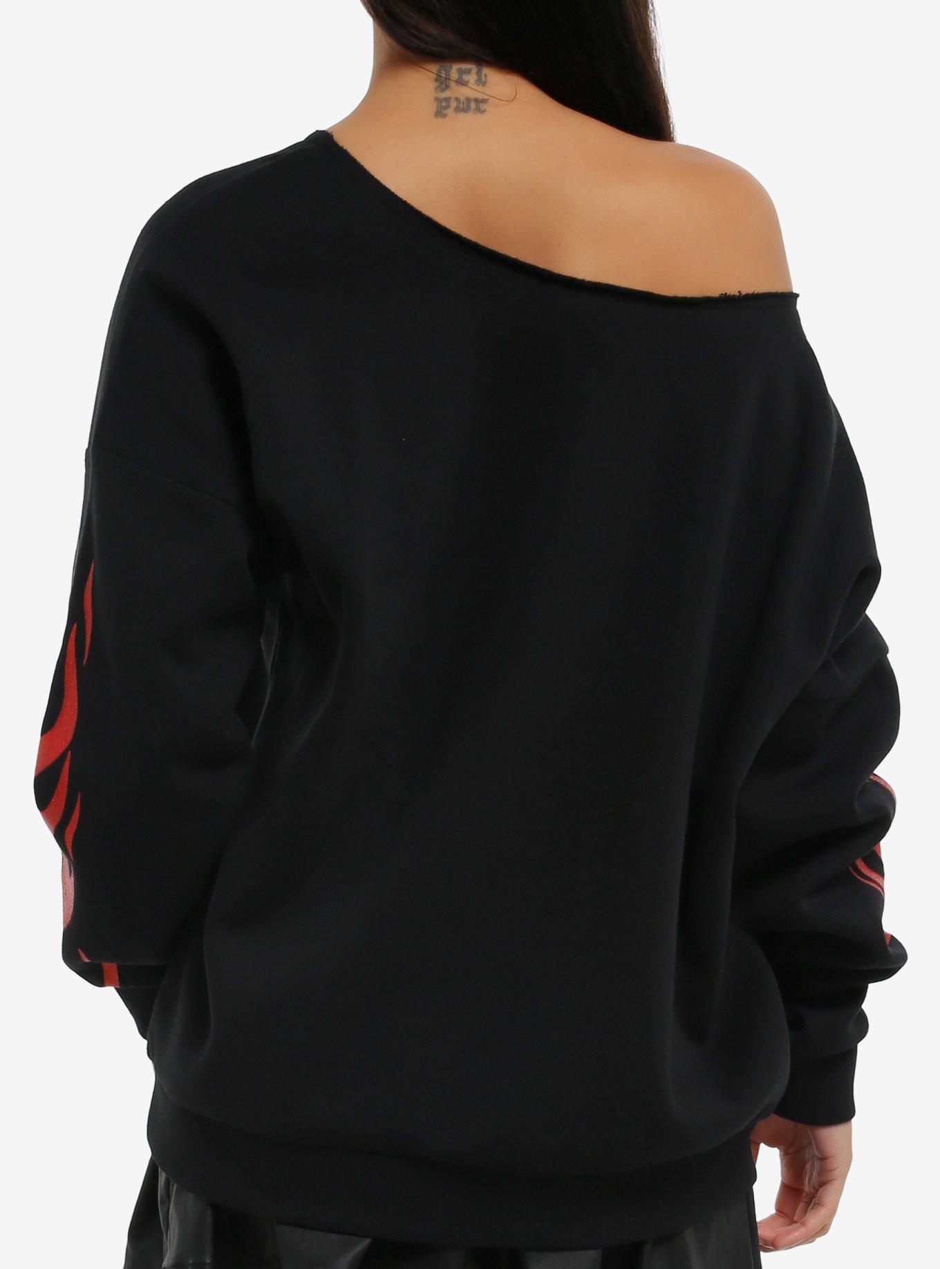 Kuromi Heart Glitter Flame Girls Off-Shoulder Sweatshirt, RED, alternate