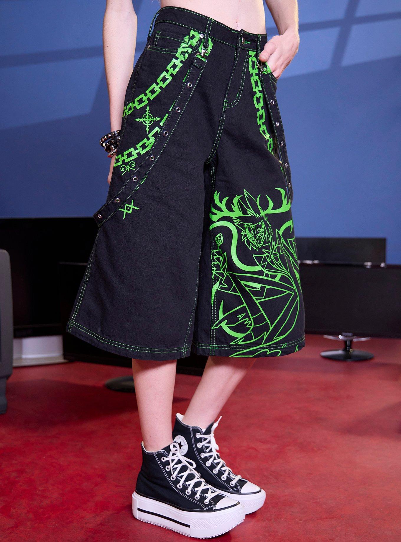 Hazbin Hotel Alastor Chain Suspender Jorts, GREEN, alternate