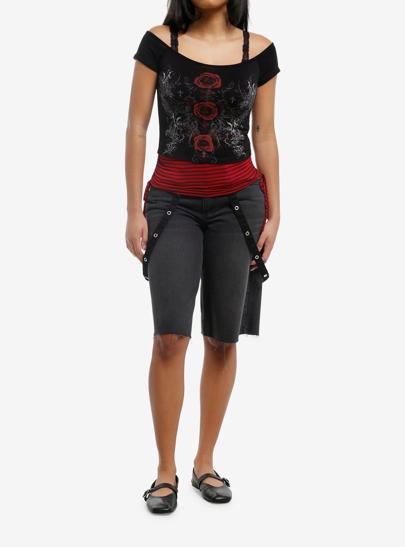 Black & Red Rose Stripe Girls Twofer Top, , hi-res