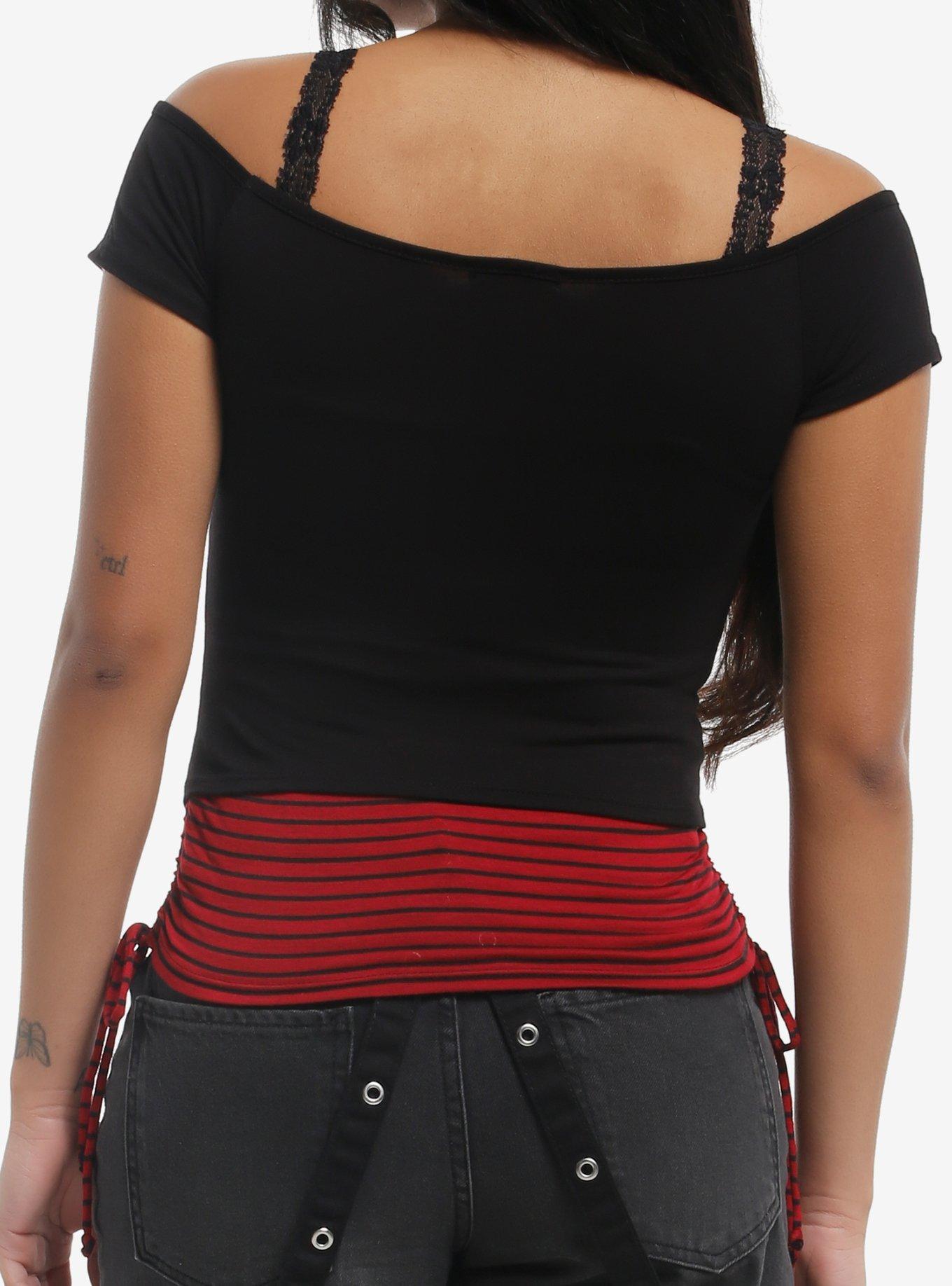 Black & Red Rose Stripe Girls Twofer Top, MULTI, alternate
