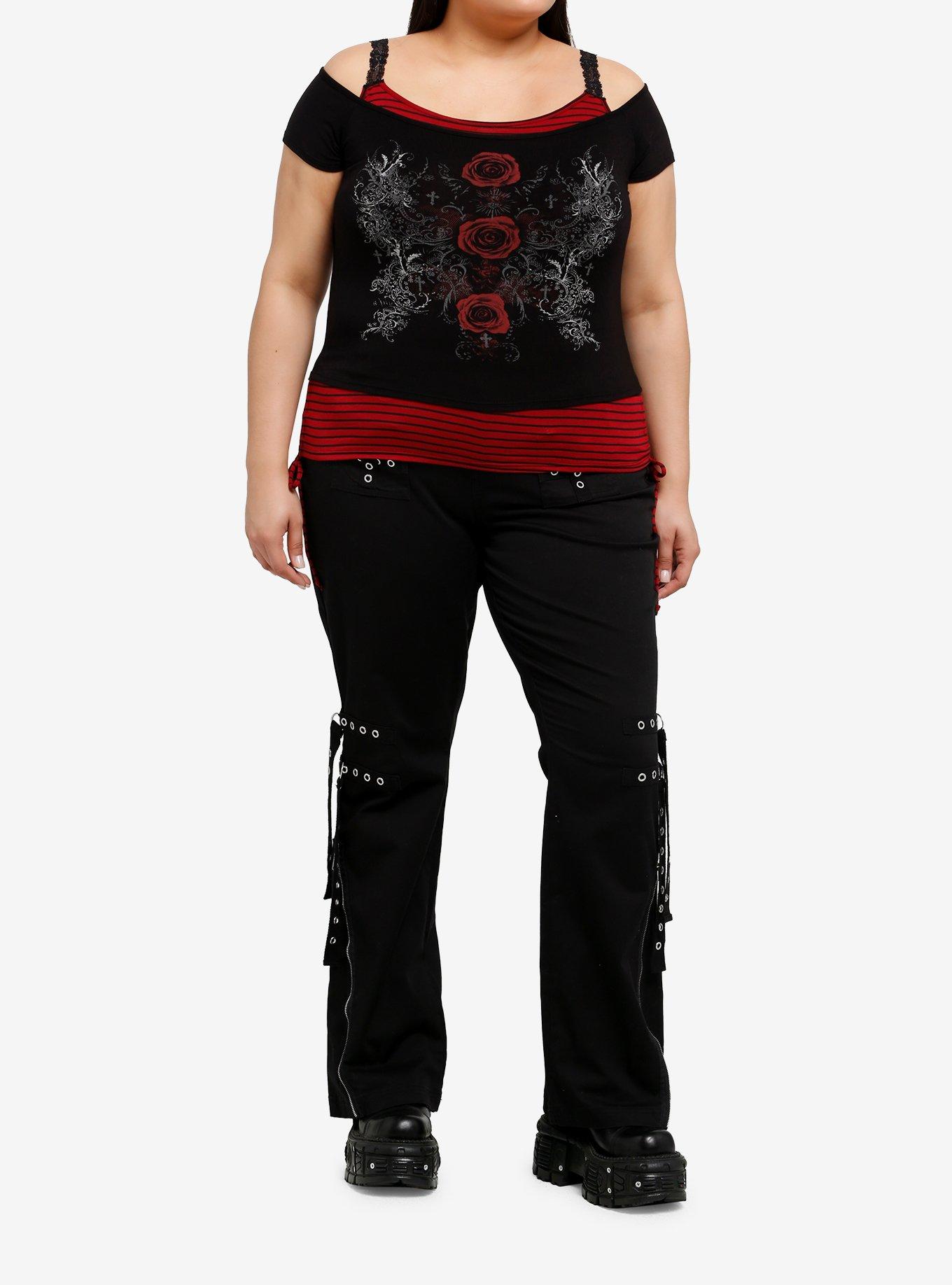 Black & Red Rose Stripe Girls Twofer Top Plus Size, , hi-res