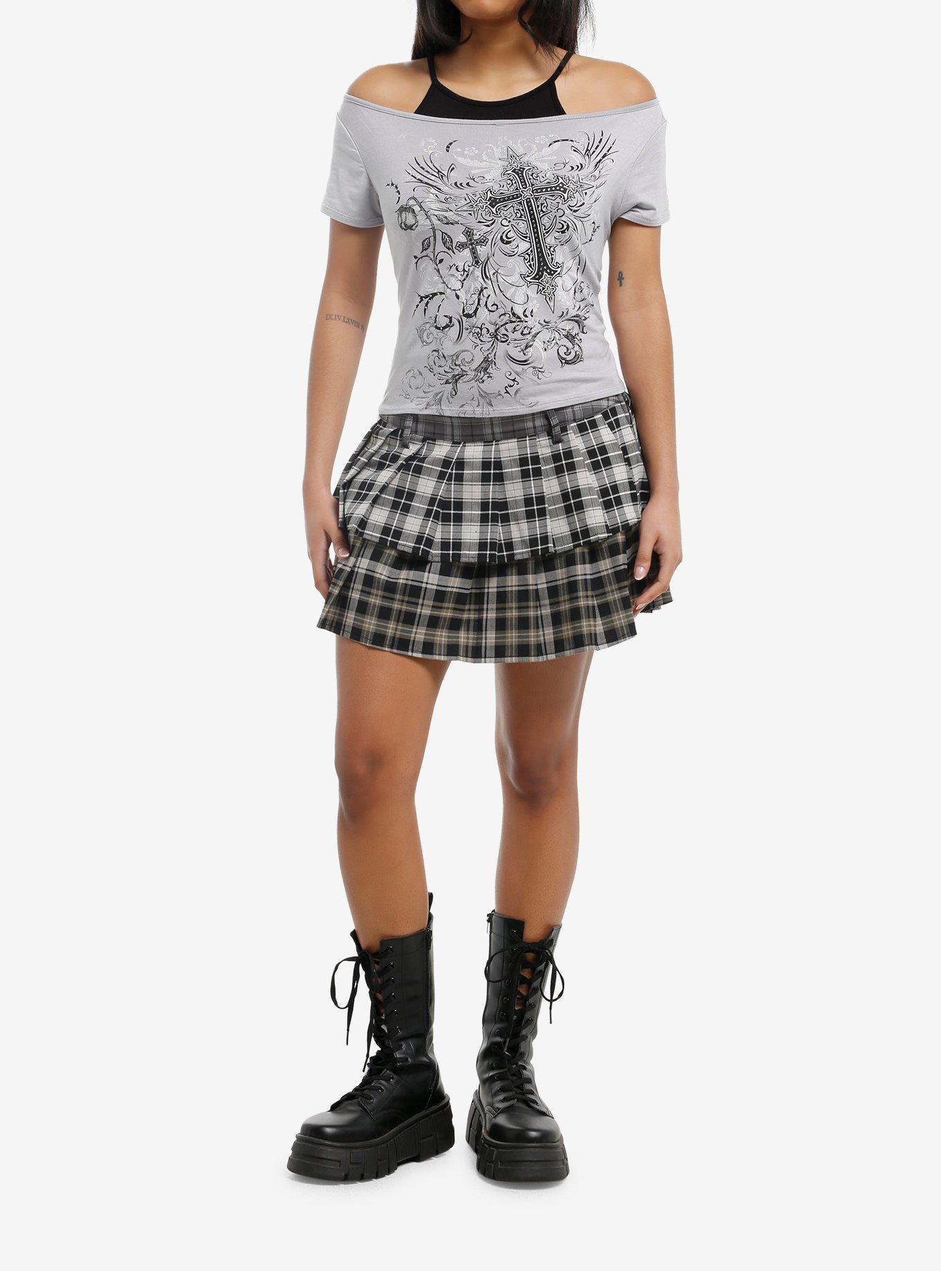Grey & Black Cross Filigree Girls Twofer Top, , hi-res